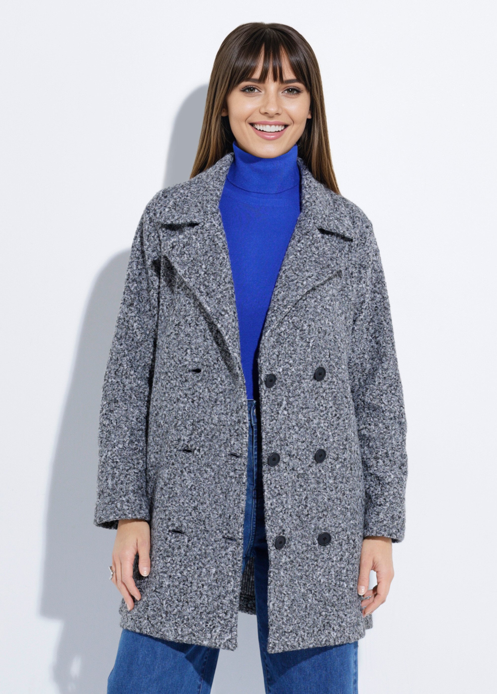 Caban long uni façon laine bouclée Femme Gris TM-CABABOUC FA1