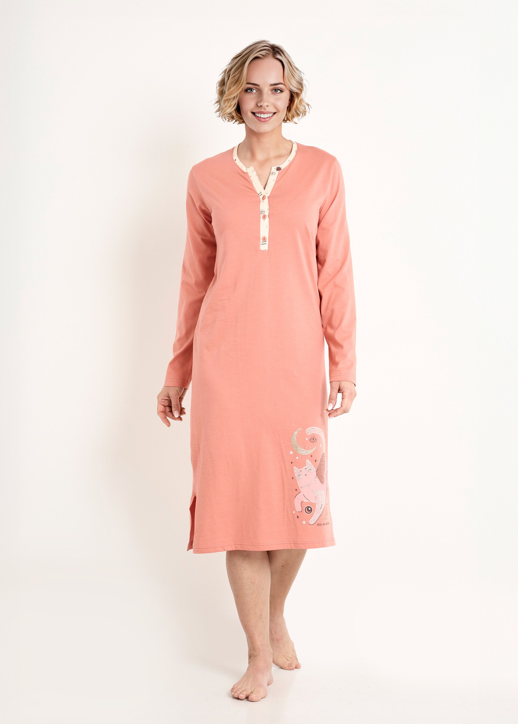 Chemise de nuit liquette mi-longue boutonnée coton Femme Orange SPRAY FA1