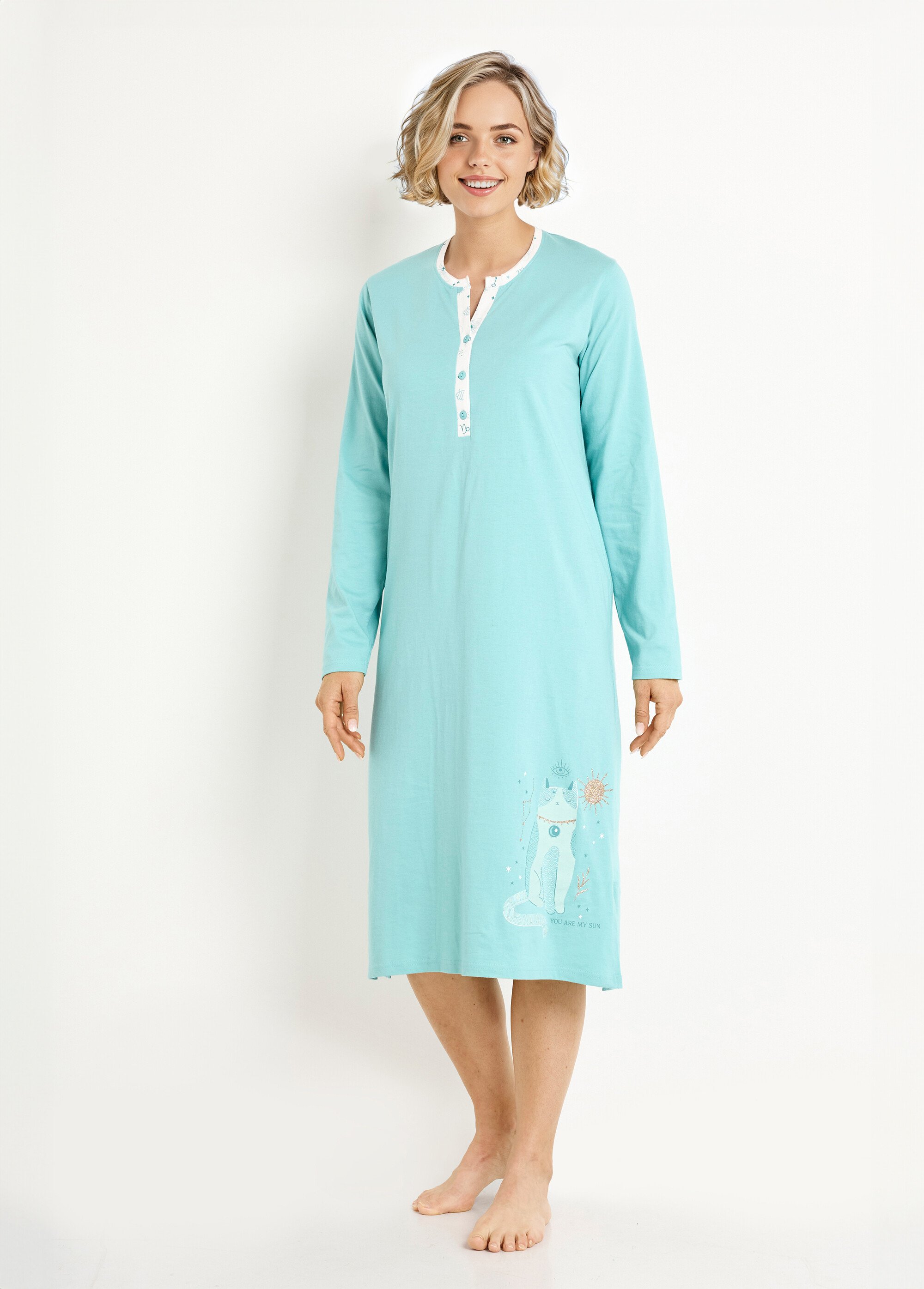 Chemise de nuit liquette mi-longue boutonnée coton Femme Vert SPRAY FA1