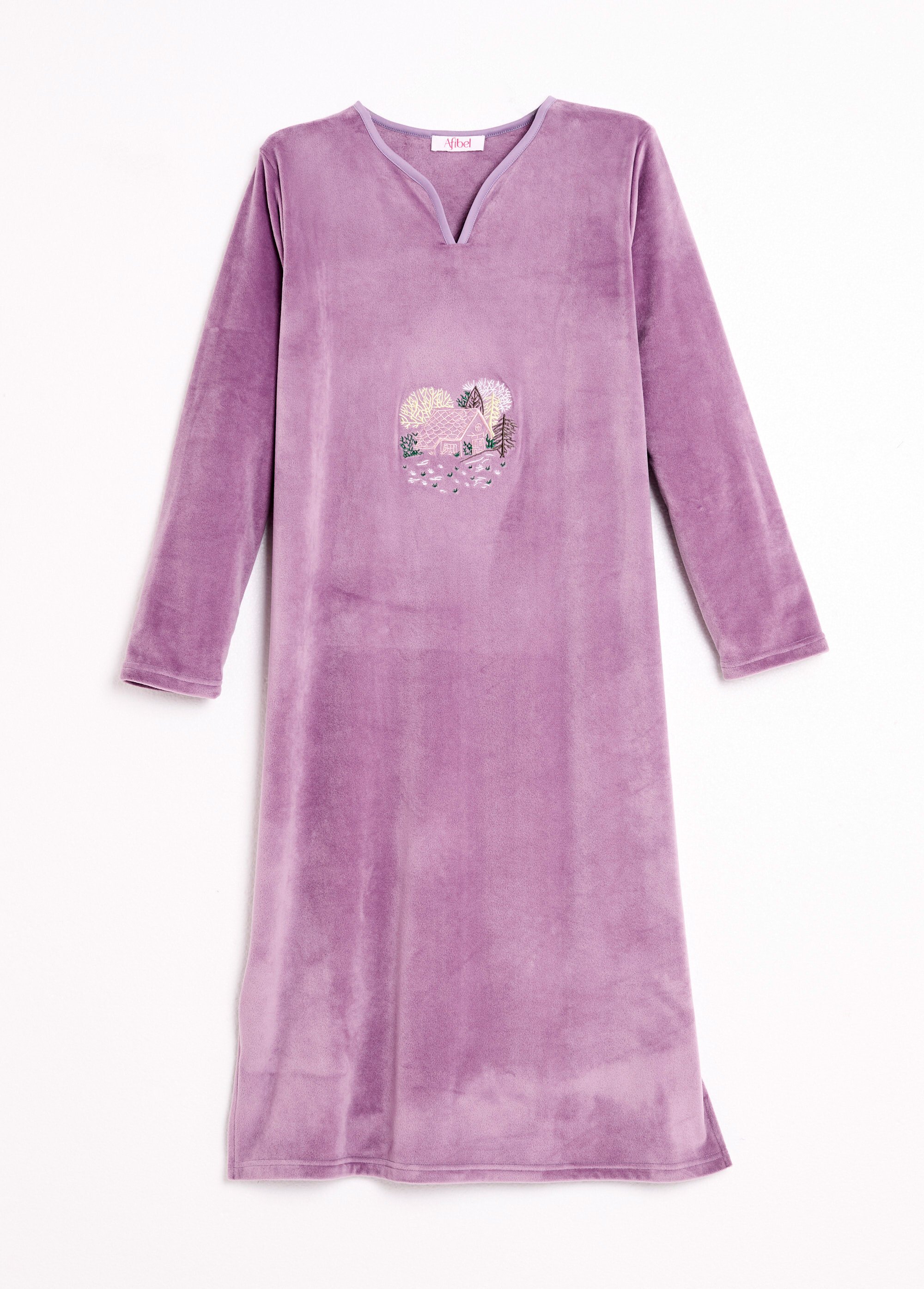 Chemise de nuit polaire mi-longue brodée Femme Violet SAMEDI AP1