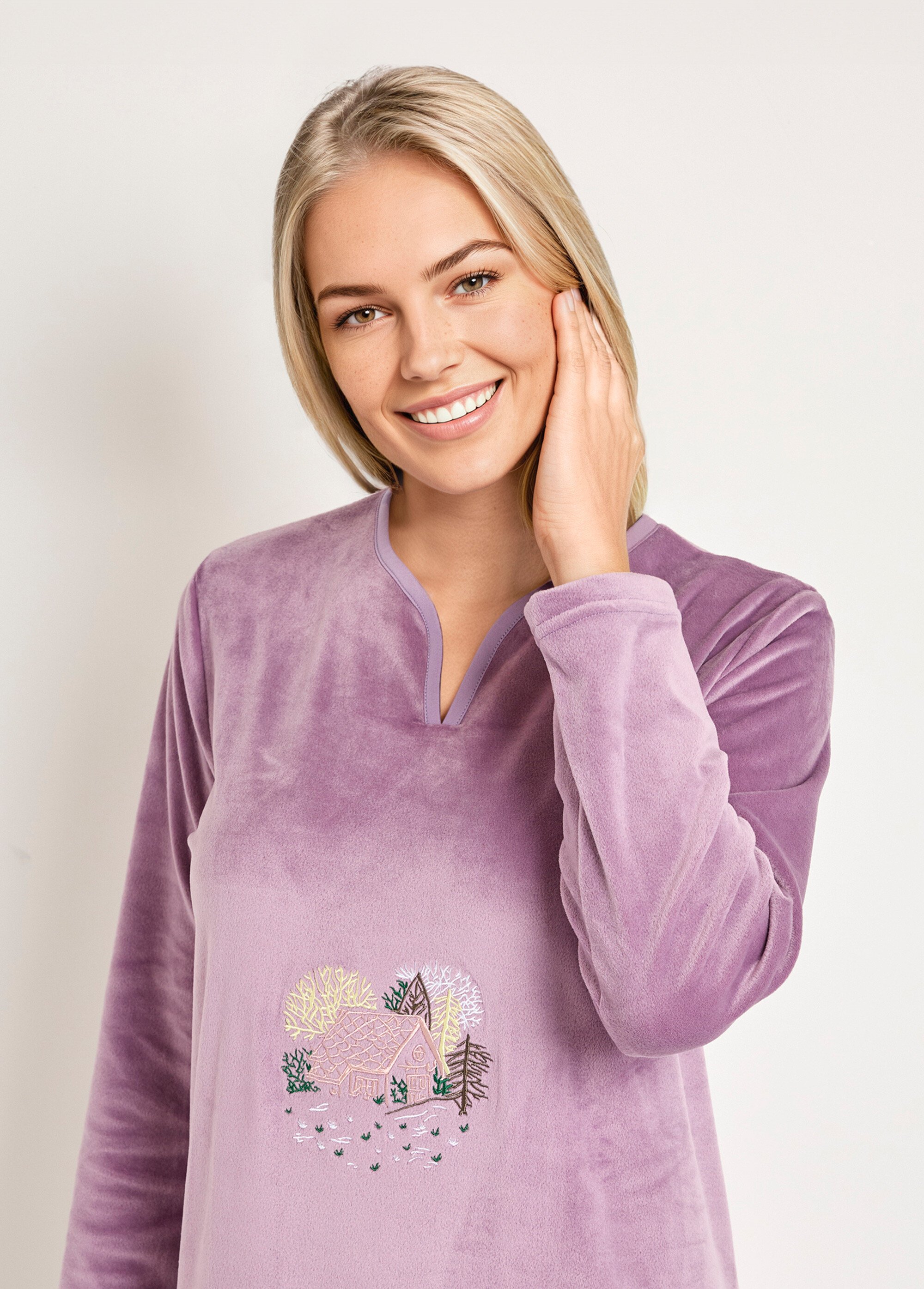 Chemise de nuit polaire mi-longue brodée Femme Violet SAMEDI DE1