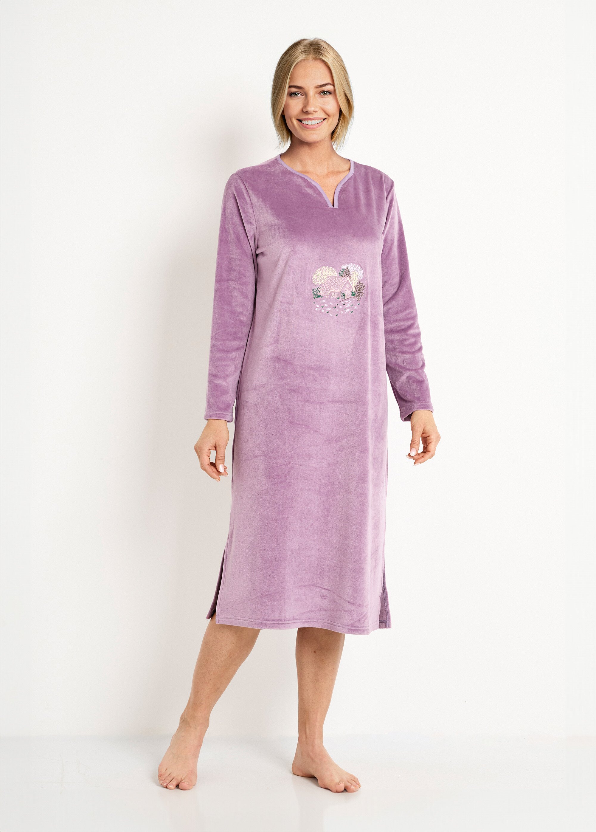 Chemise de nuit polaire mi-longue brodée Femme Violet SAMEDI FA1