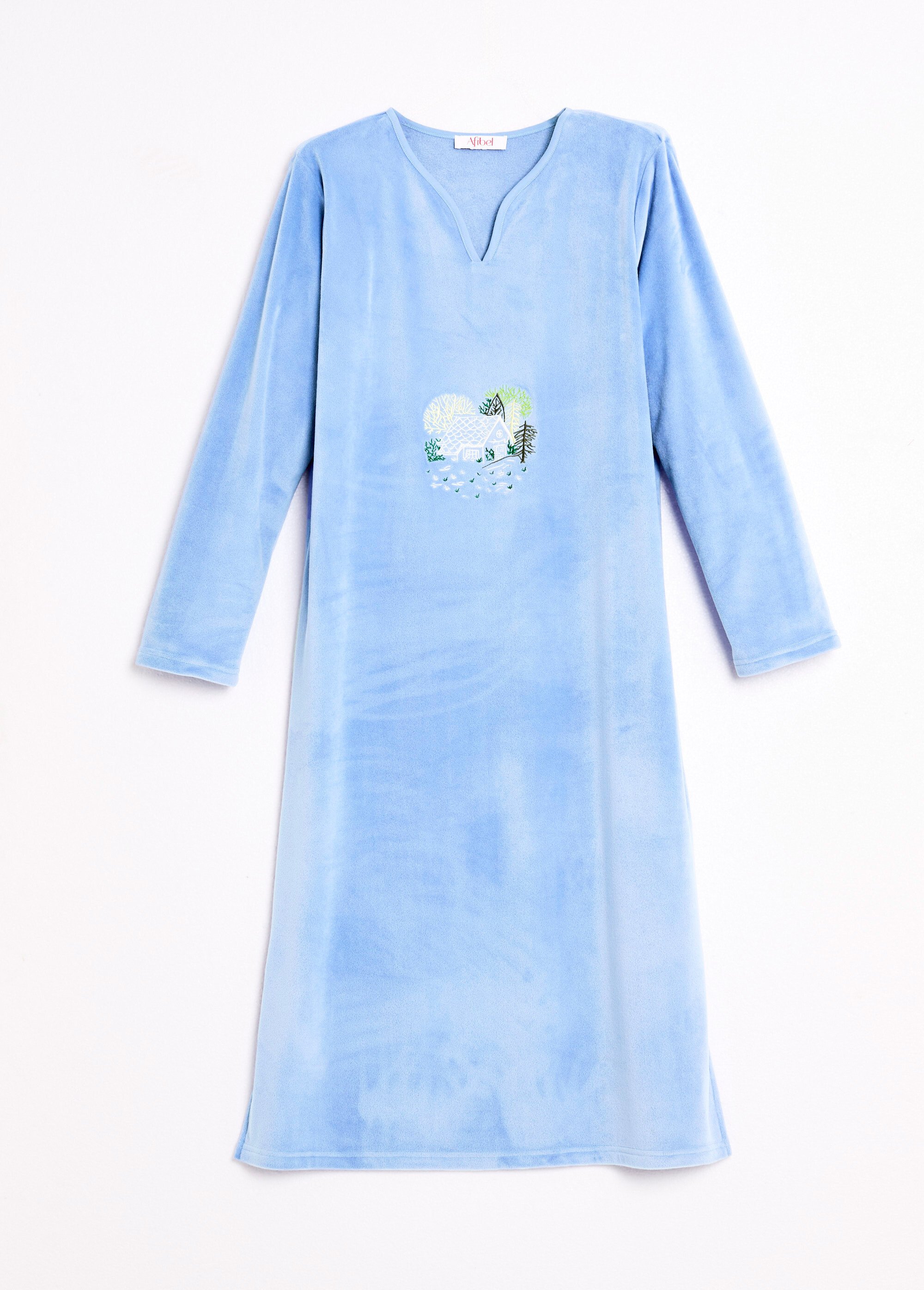 Chemise de nuit polaire mi-longue brodée Femme Bleu SAMEDI AP1