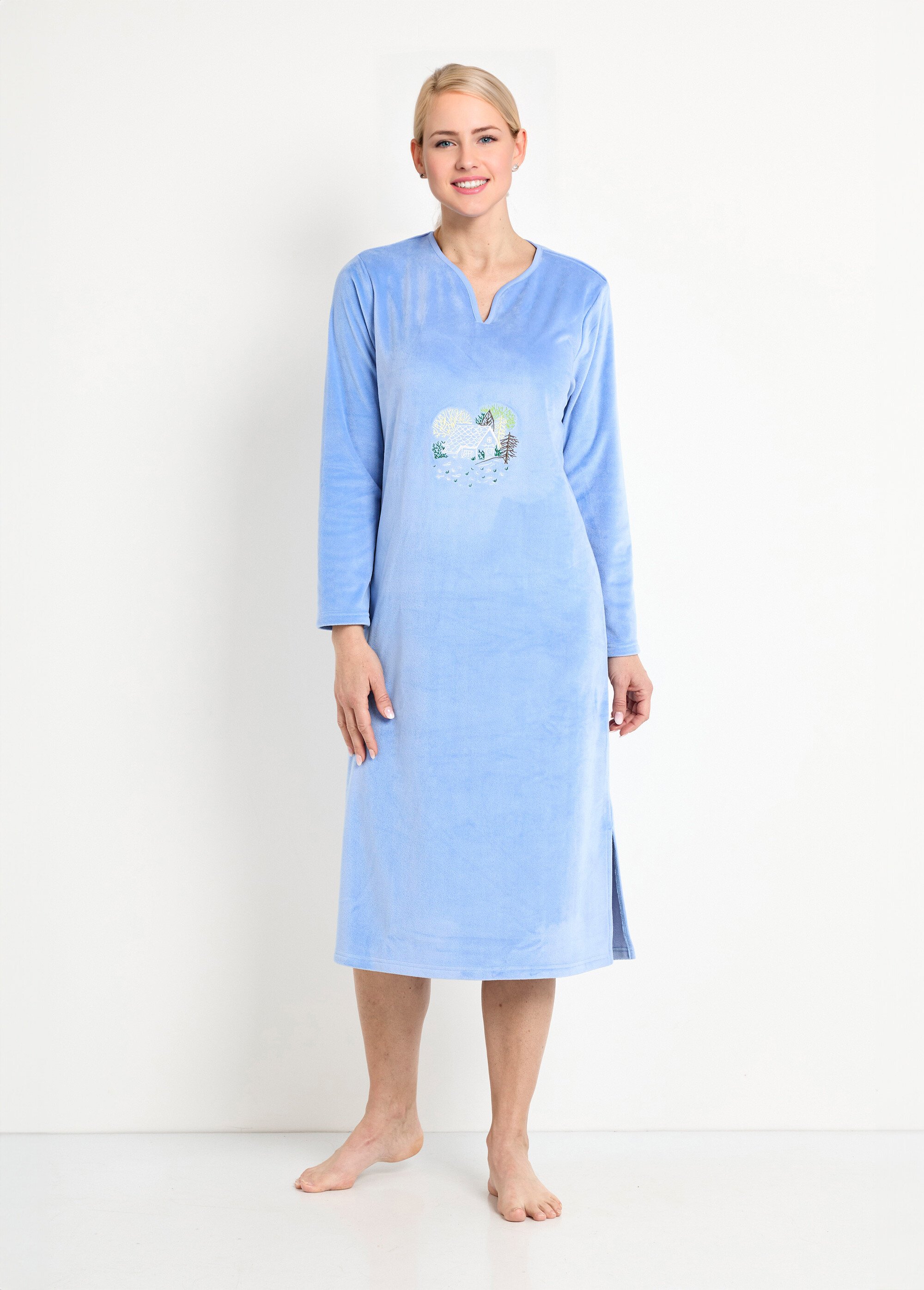 Chemise de nuit polaire mi-longue brodée Femme Bleu SAMEDI FA1