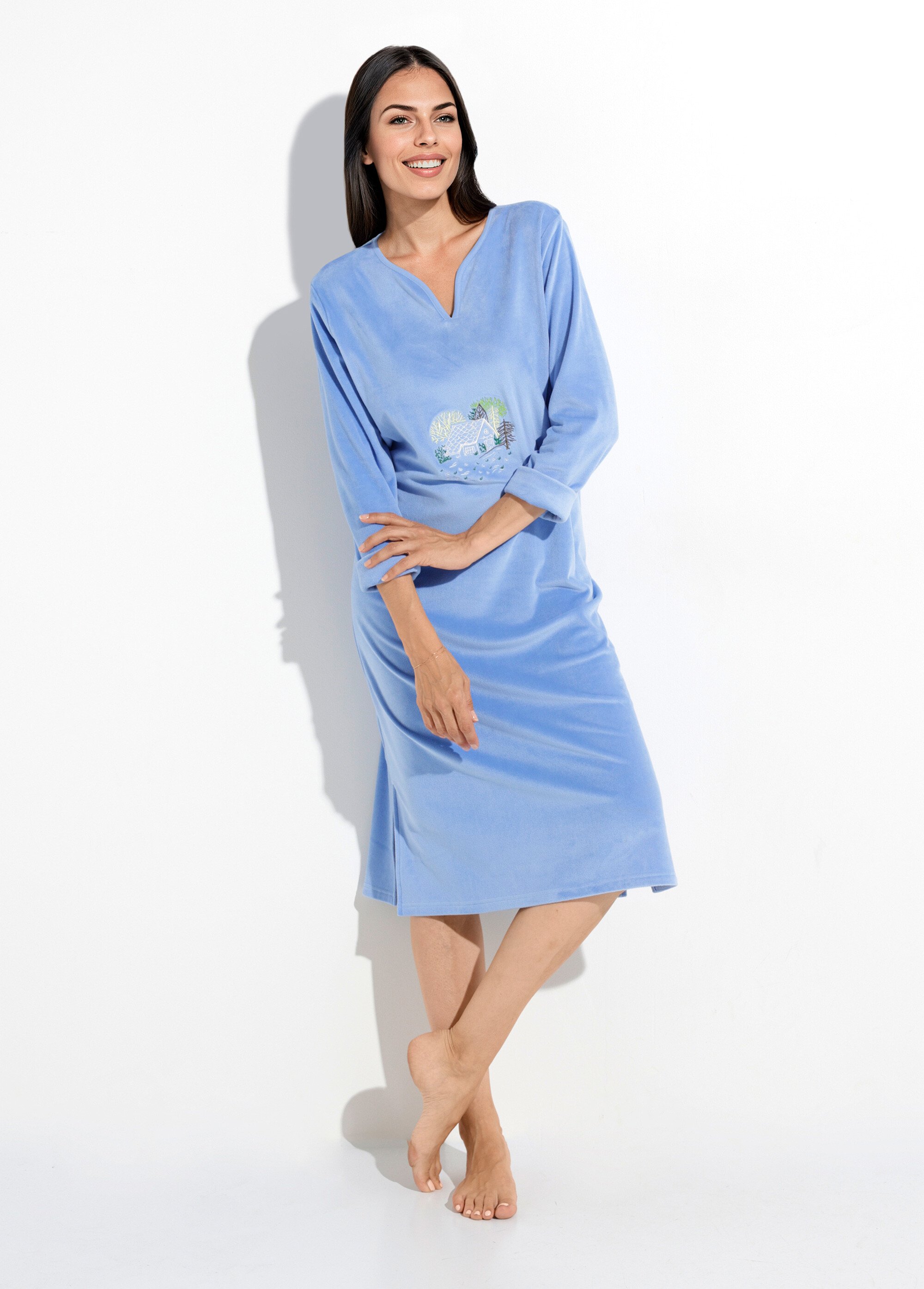 Chemise de nuit polaire mi-longue brodée Femme Bleu SAMEDI MV1