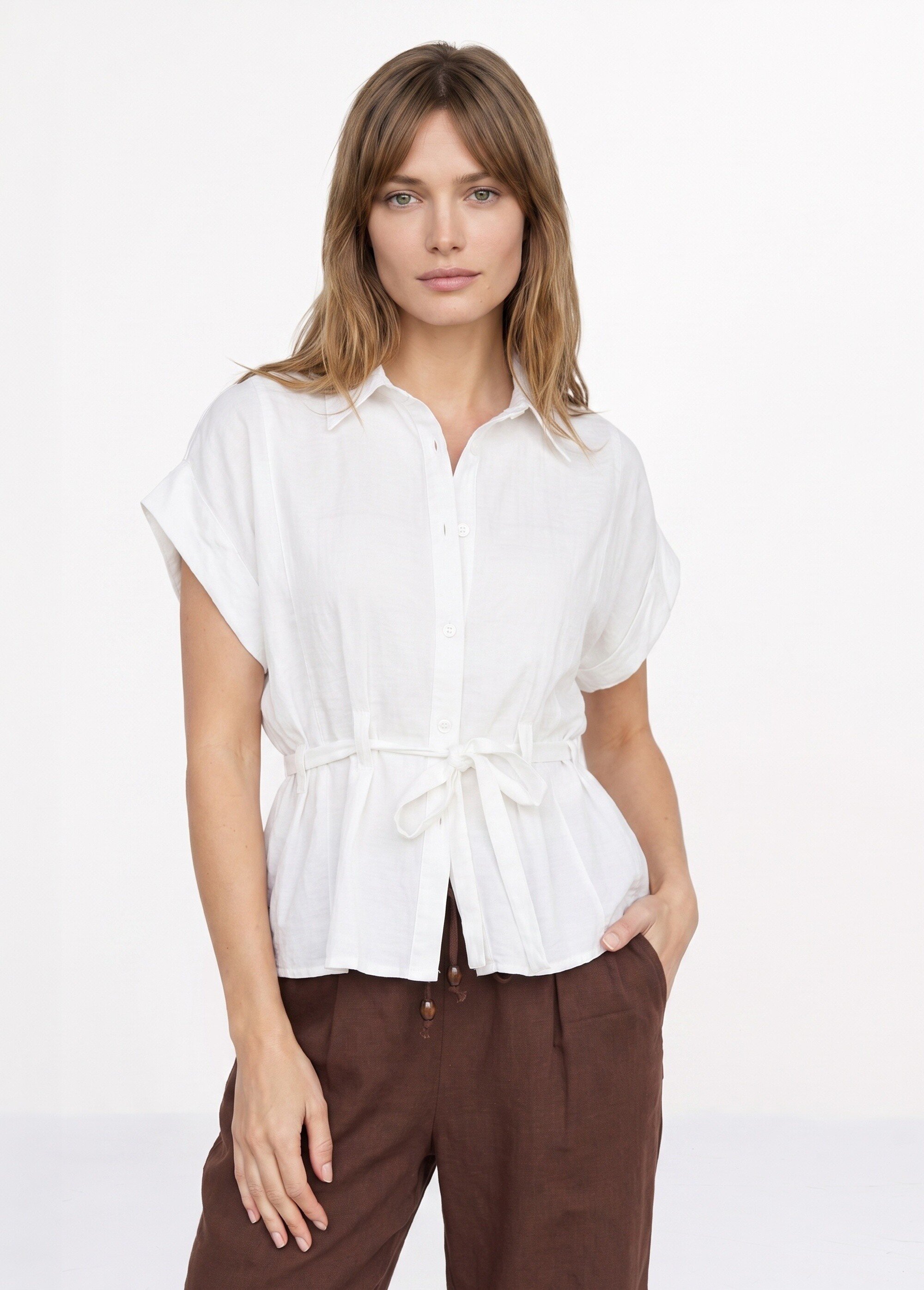 Chemisier avec taille resserrée par lien Femme Blanc JB-B6213 FA1