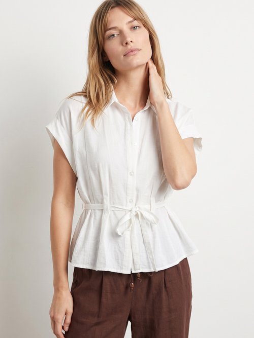 Chemisier avec taille resserrée par lien Femme Blanc JB-B6213 MV1