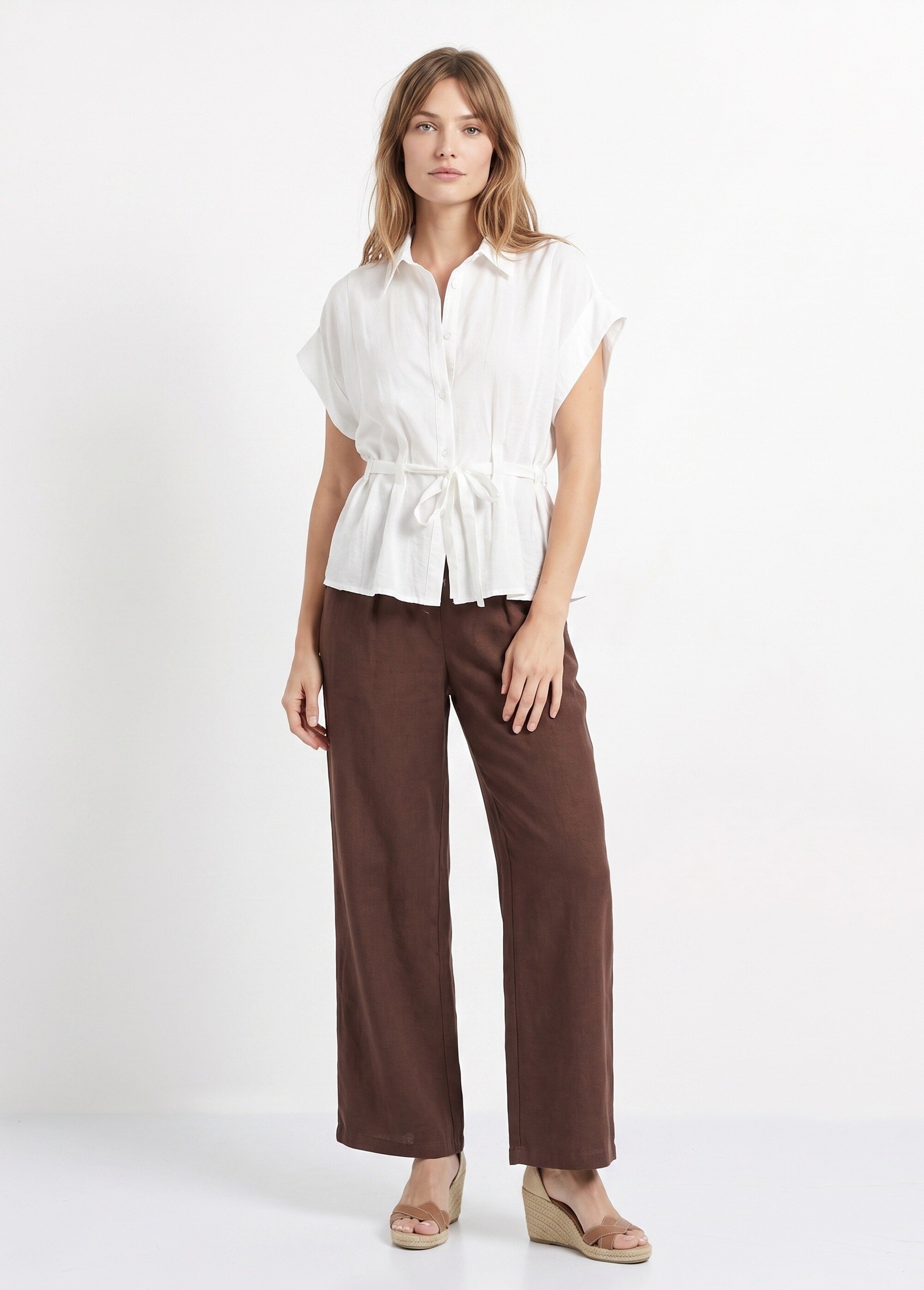 Chemisier avec taille resserrée par lien Femme Blanc JB-B6213 SI1