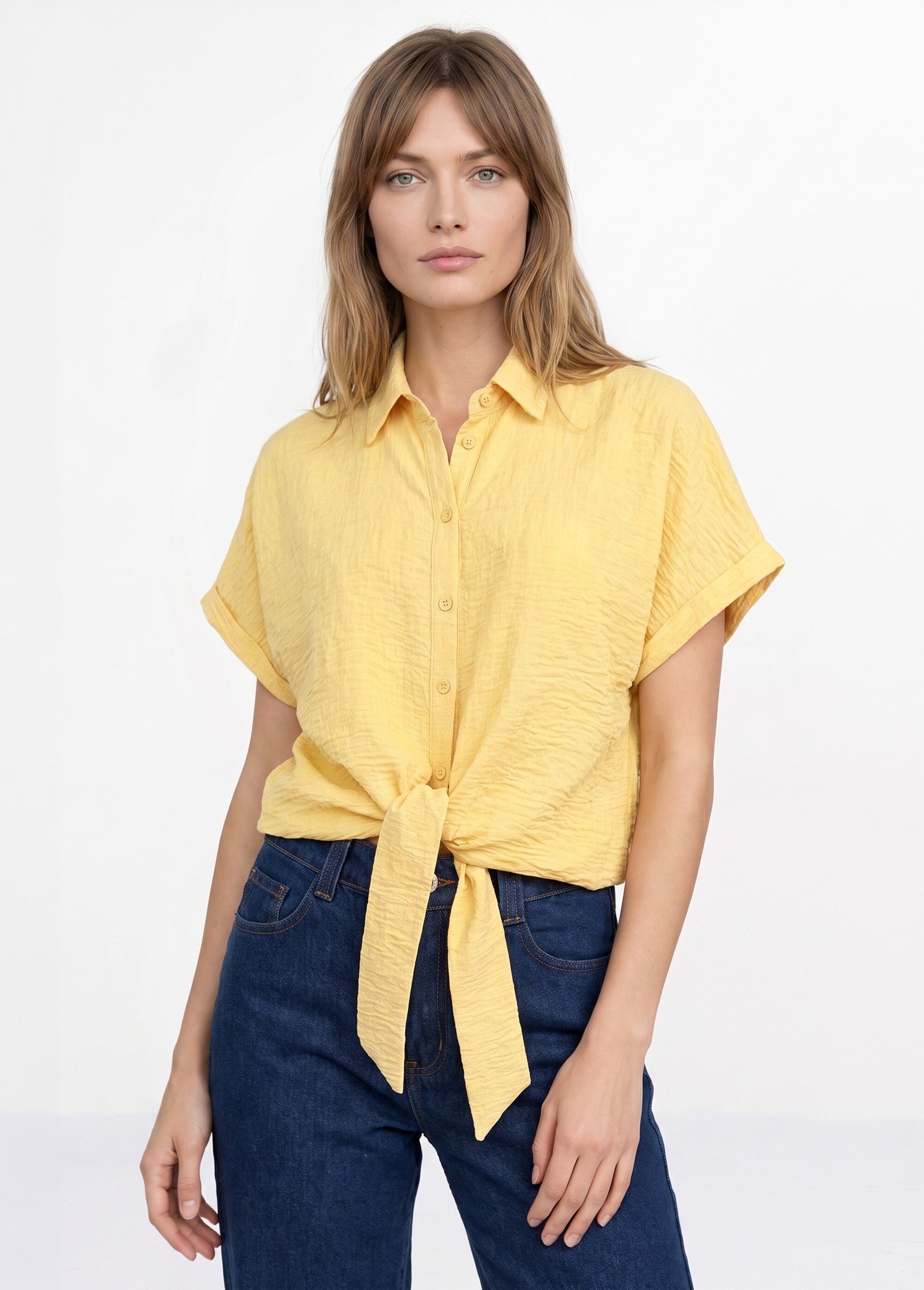 Chemisier chiné avec lin, nœud fantaisie Femme Jaune JB-B6193 FA1