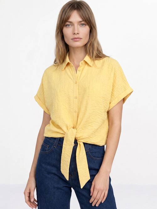 Chemisier chiné avec lin, nœud fantaisie Femme Jaune JB-B6193 FA1