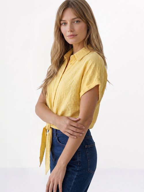 Chemisier chiné avec lin, nœud fantaisie Femme Jaune JB-B6193 MV1