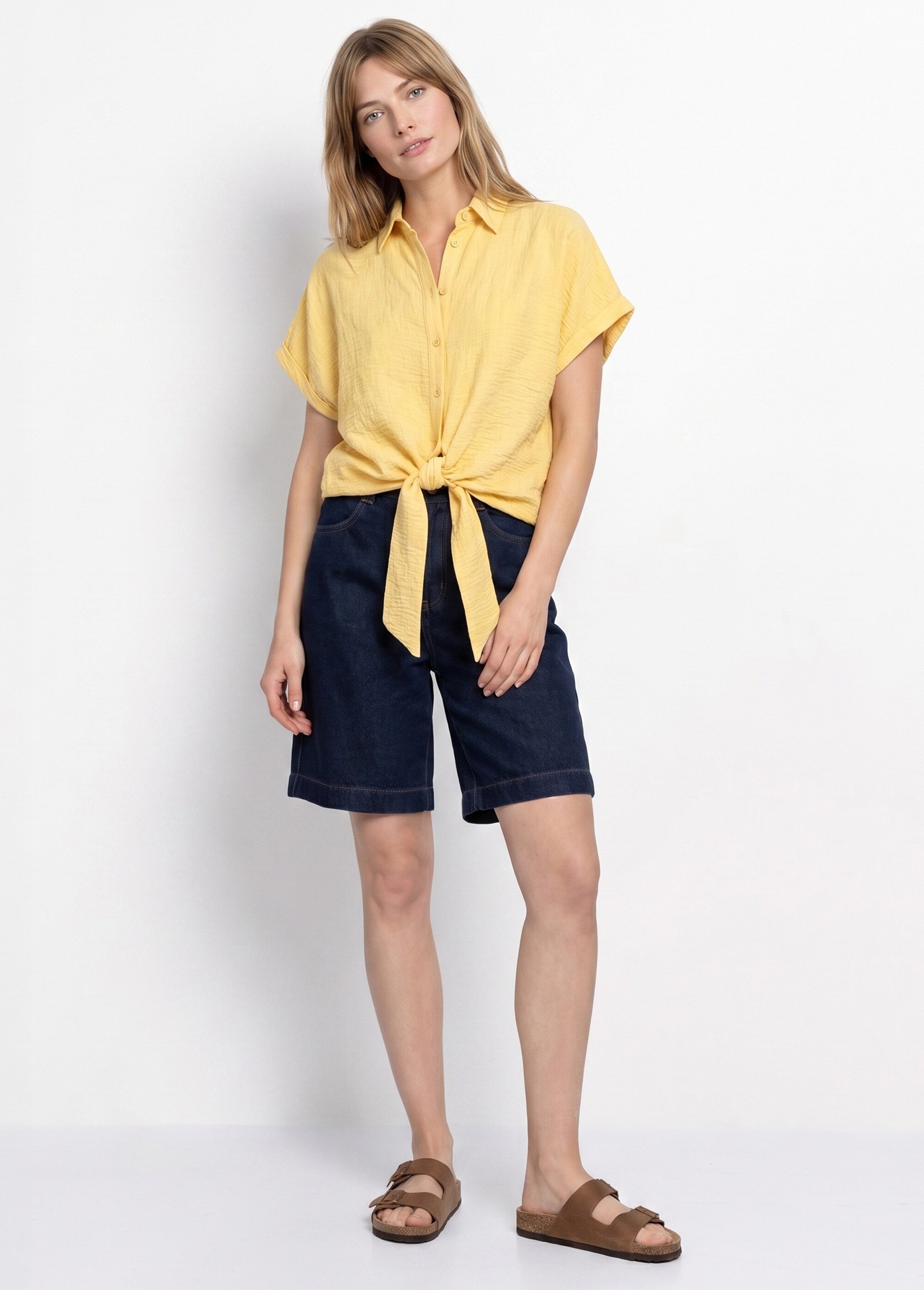 Chemisier chiné avec lin, nœud fantaisie Femme Jaune JB-B6193 SI1