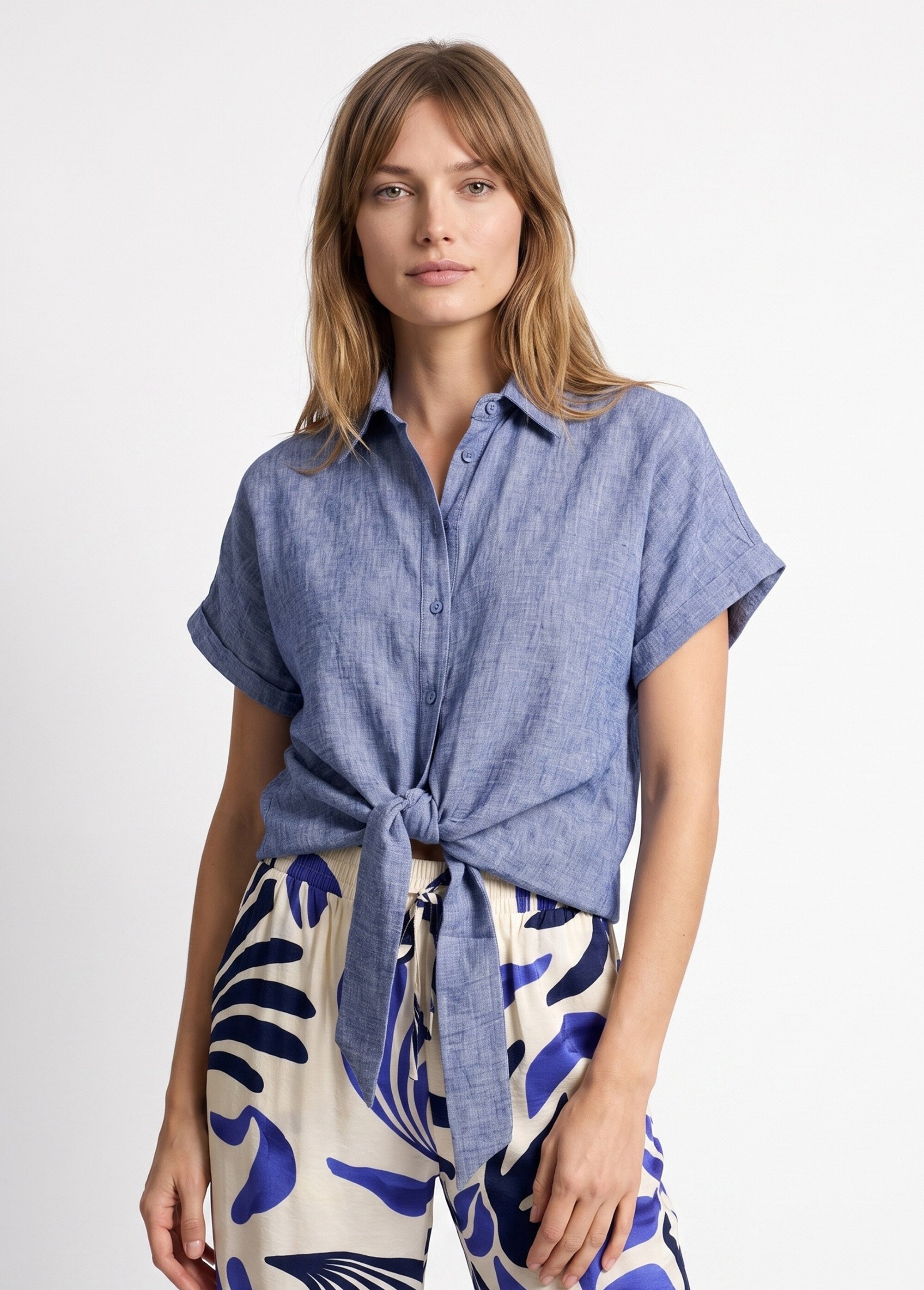 Chemisier chiné avec lin, nœud fantaisie Femme Bleu JB-B6193 FA1