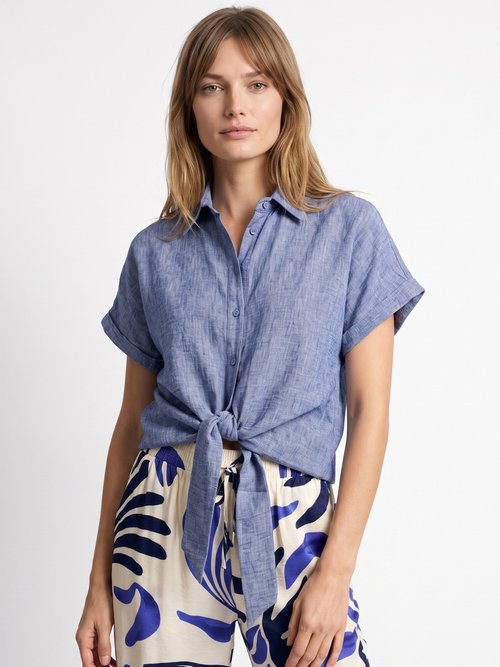 Chemisier chiné avec lin, nœud fantaisie Femme Bleu JB-B6193 FA1