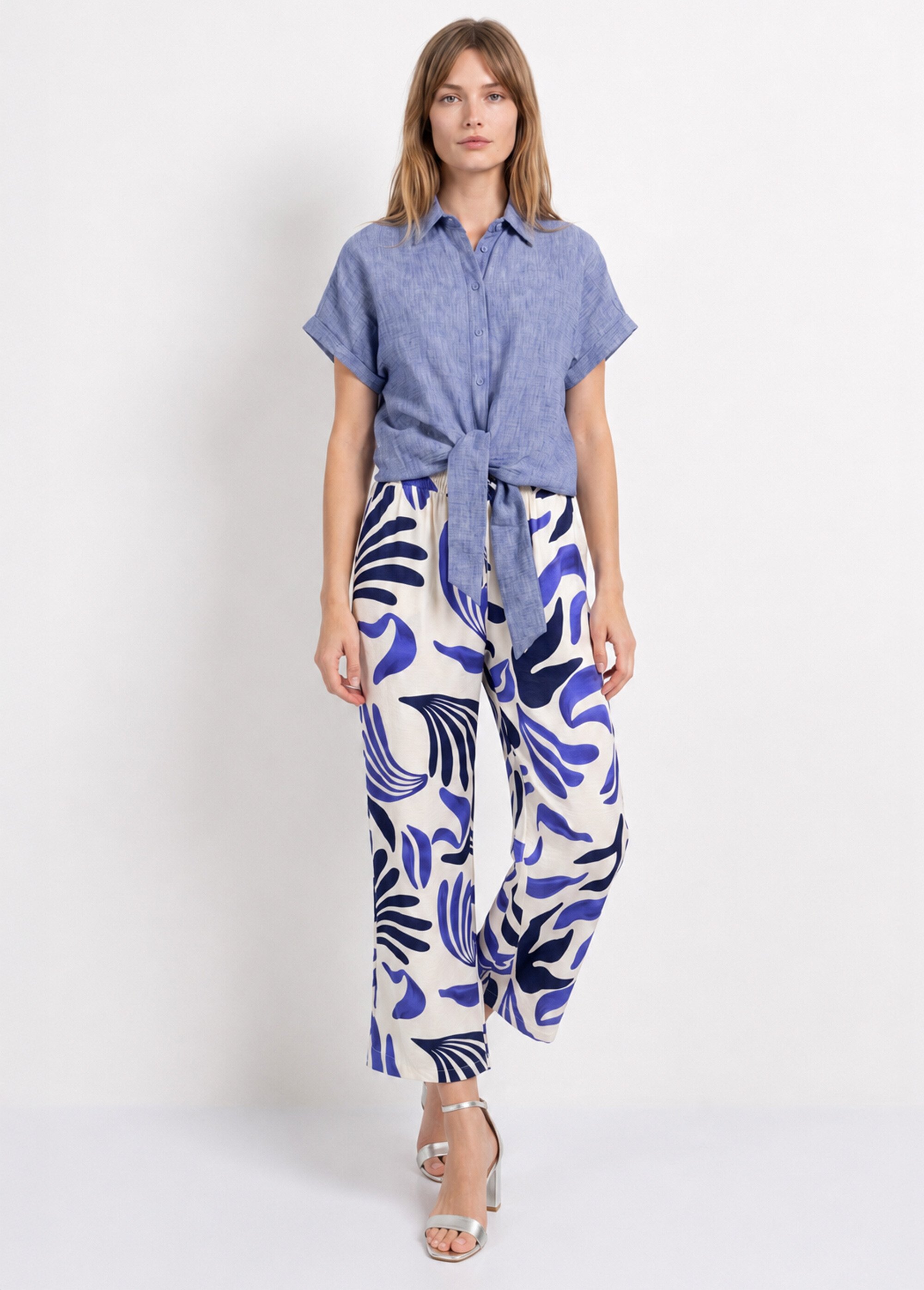 Chemisier chiné avec lin, nœud fantaisie Femme Bleu JB-B6193 SI1