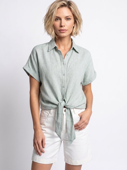 Chemisier chiné avec lin, nœud fantaisie Femme Vert JB-B6193 FA1