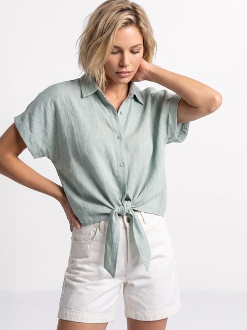 Chemisier chiné avec lin, nœud fantaisie Femme Vert JB-B6193 MV1