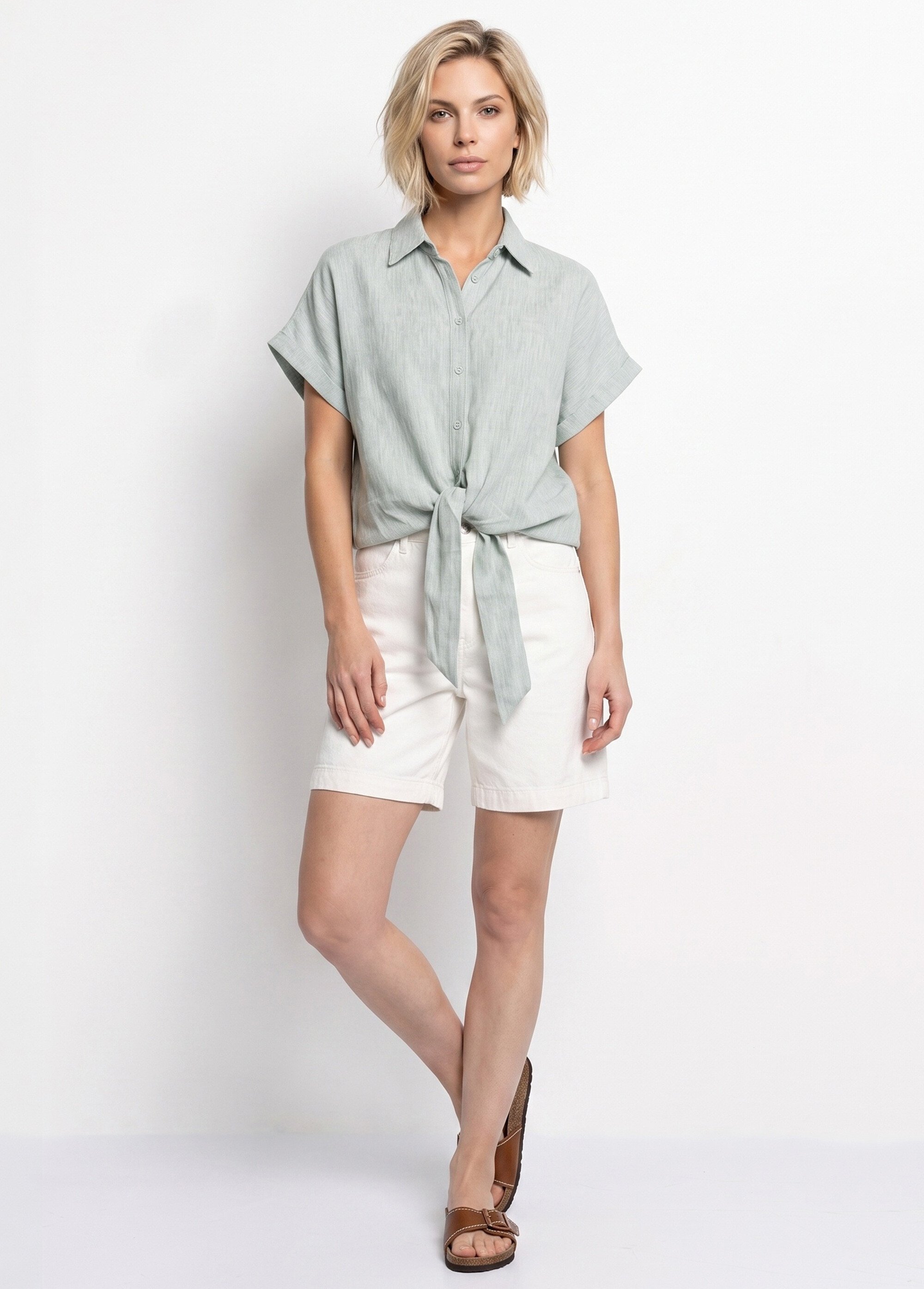 Chemisier chiné avec lin, nœud fantaisie Femme Vert JB-B6193 SI1