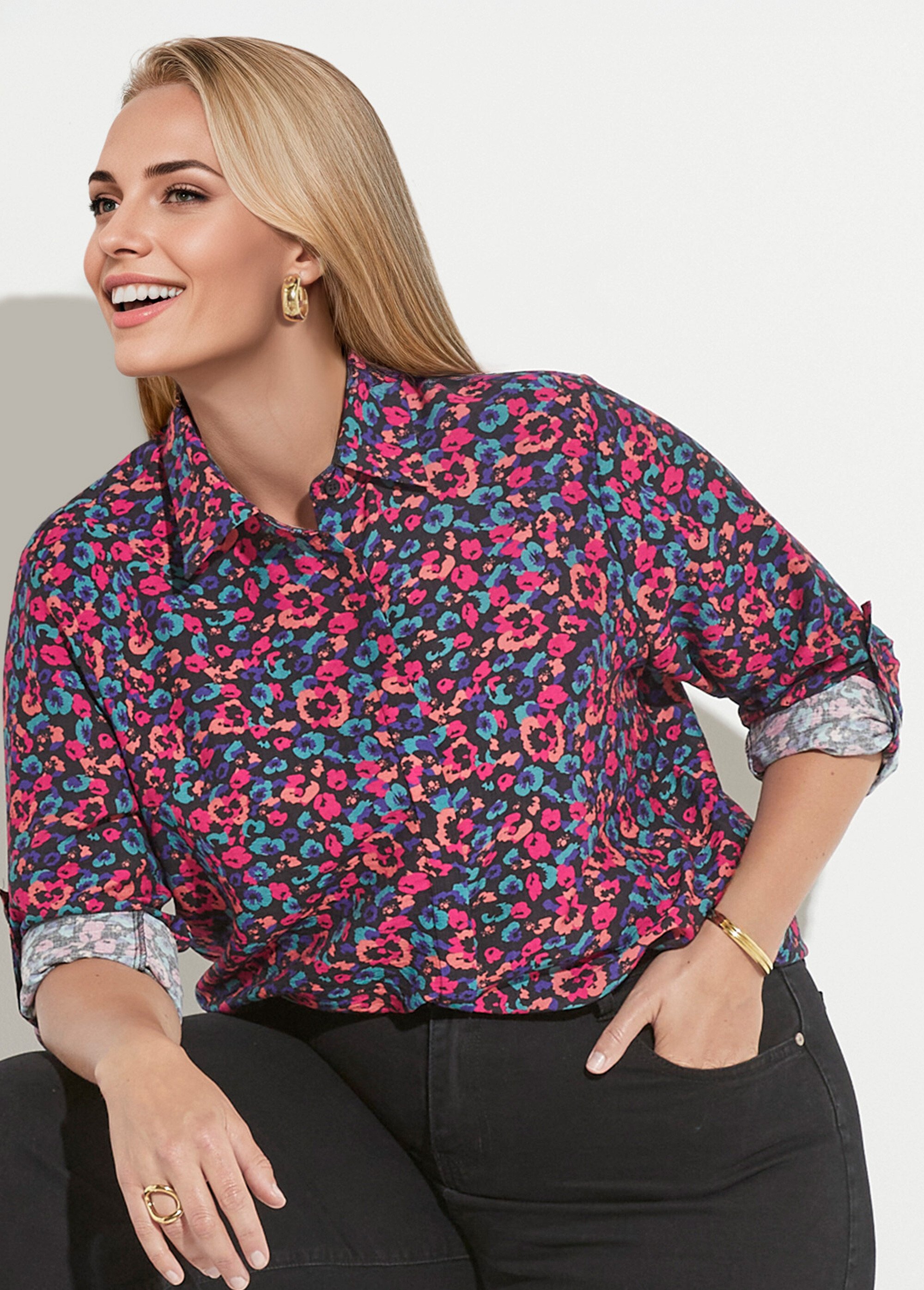 Chemisier motif fleuri vif façon arty Femme Grande Taille Bleu MAE-008-5-1970 MV1