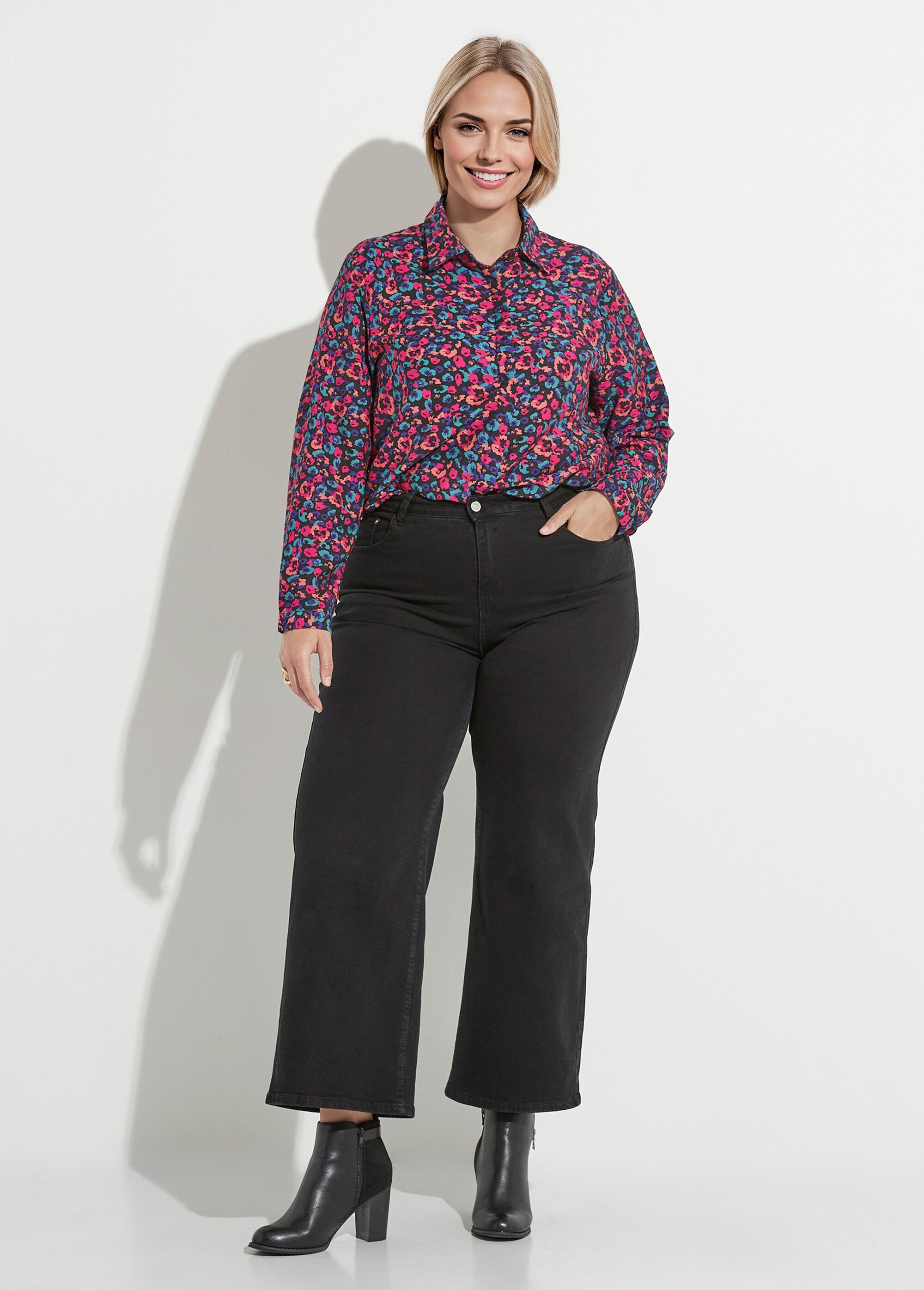 Chemisier motif fleuri vif façon arty Femme Grande Taille Bleu MAE-008-5-1970 SF1