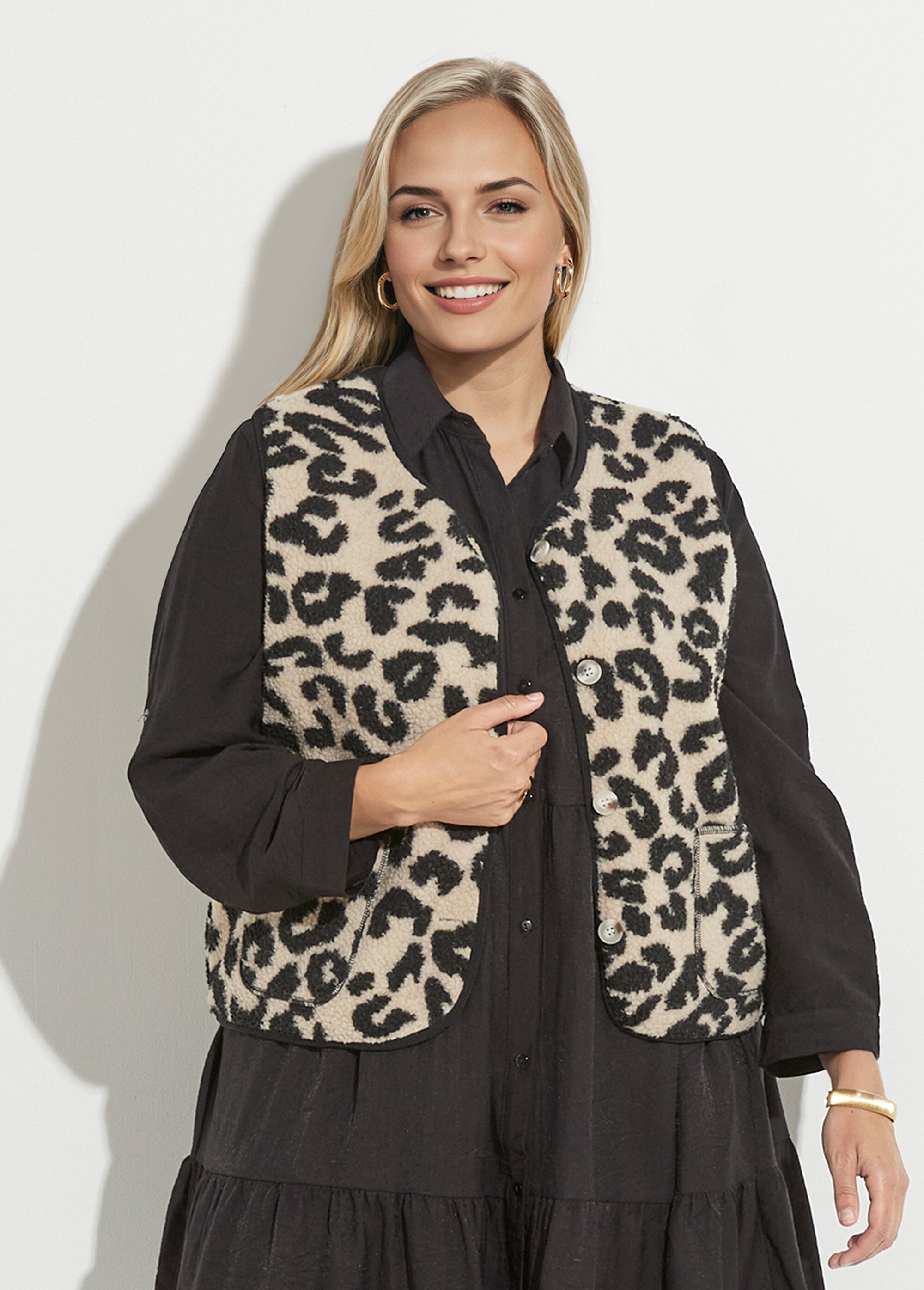 Gilet de berger sans manches, léopard Femme Grande Taille Noir MAE-M286-5-1678 FA1
