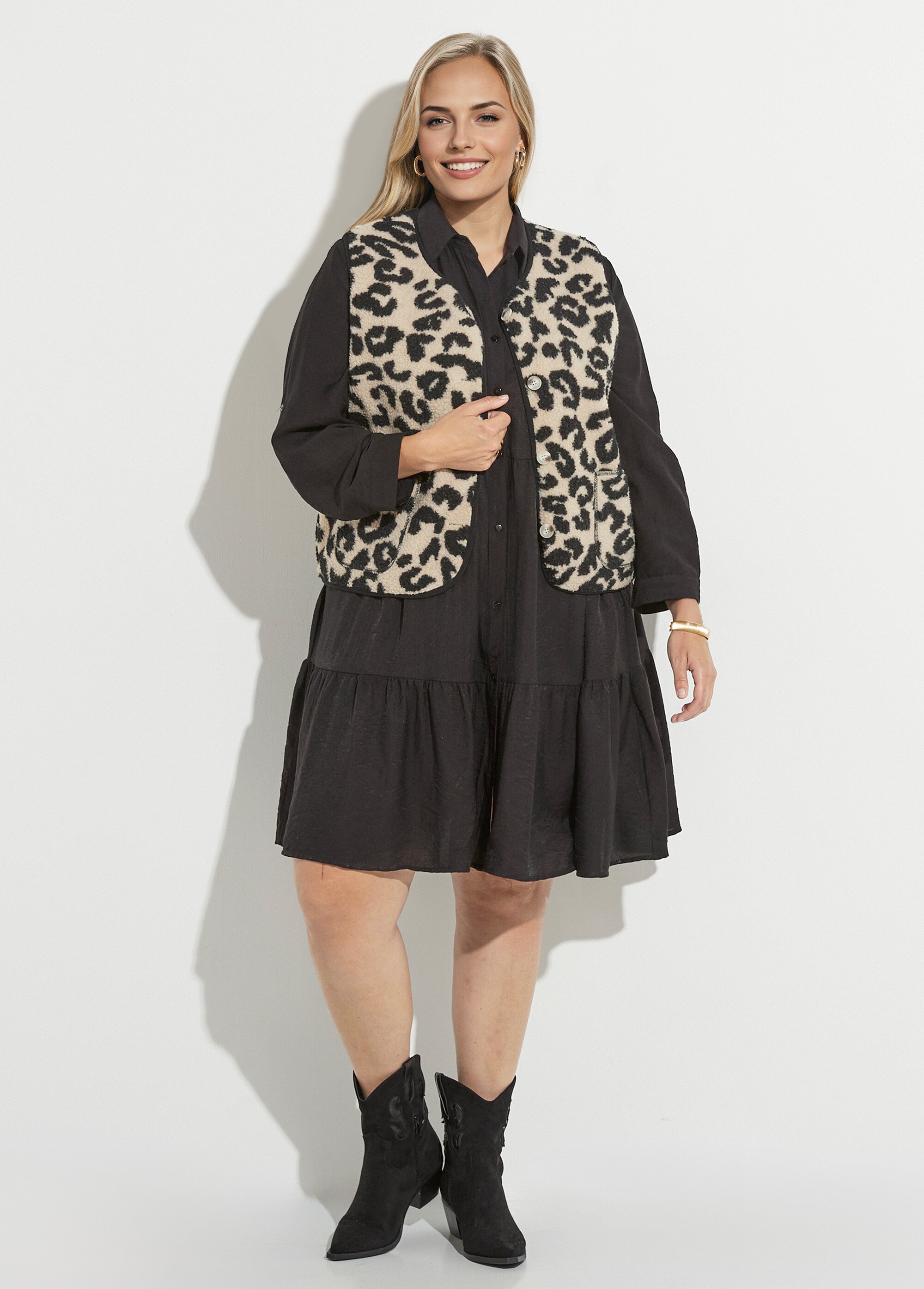 Gilet de berger sans manches, léopard Femme Grande Taille Noir MAE-M286-5-1678 SF1