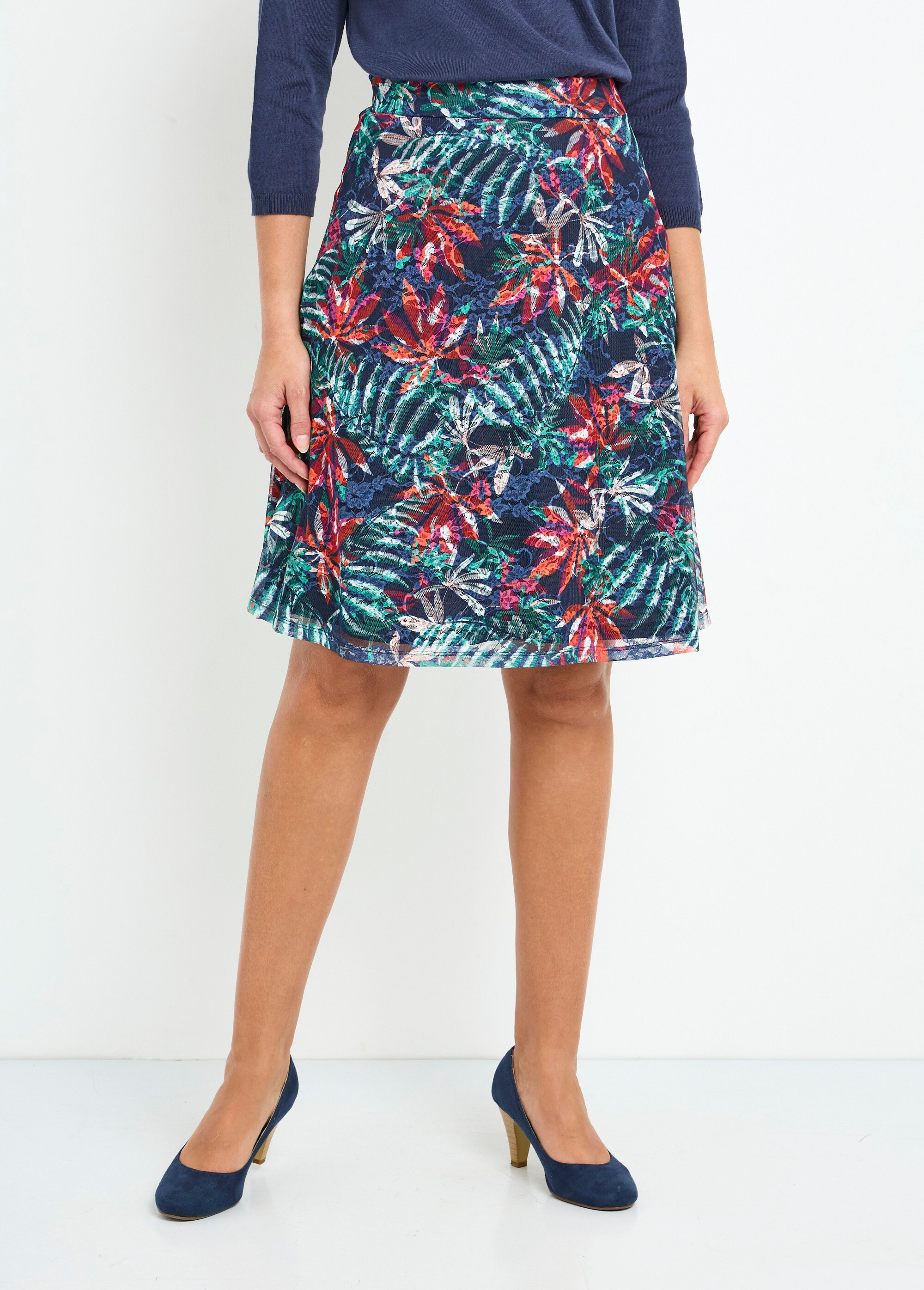 Jupe mi-longue évasée maille dentelle imprimée Femme MARINE ET ORANGE LANDRY FA1