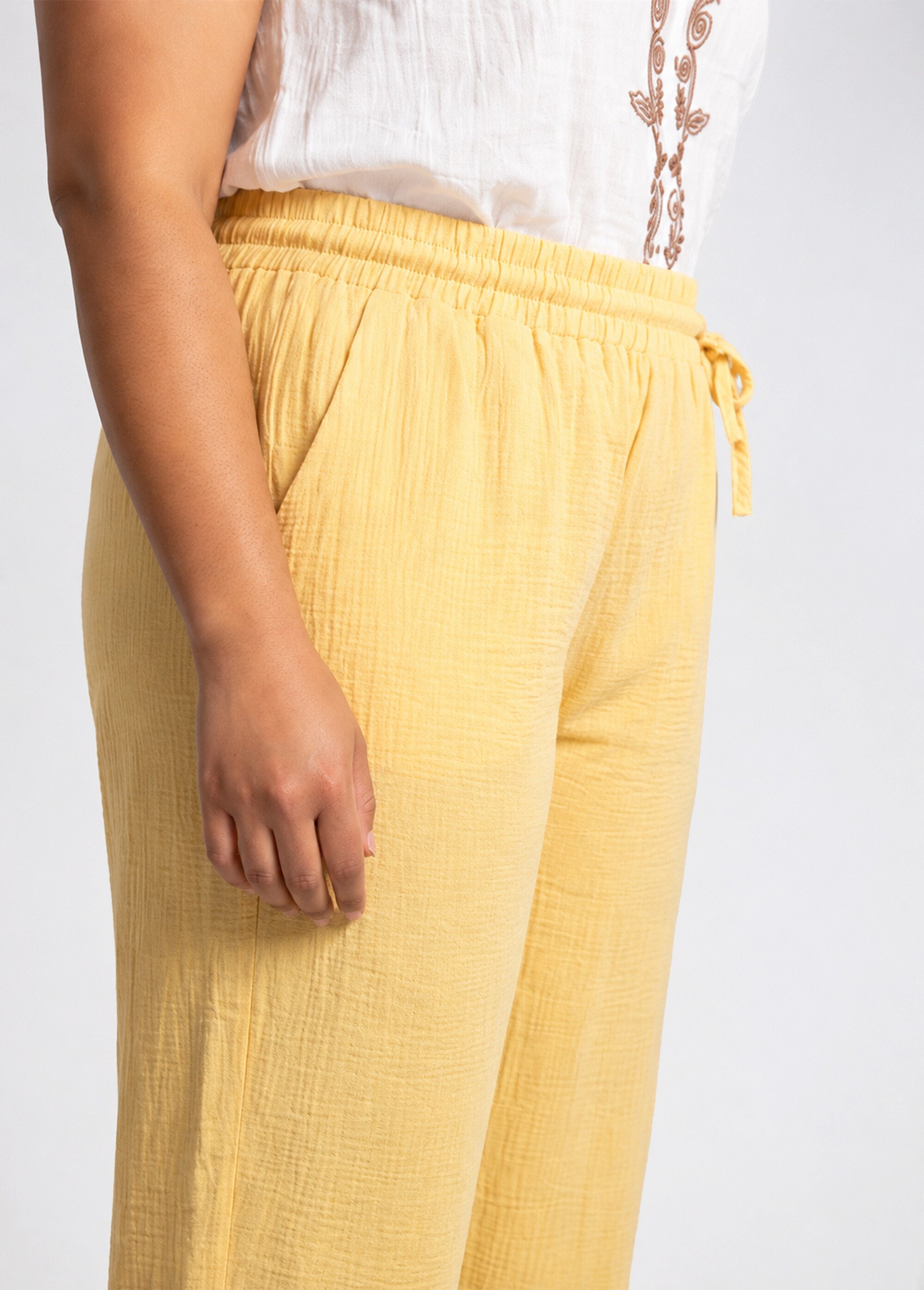 Pantalon large chiné élastiqué avec lin Femme Grande Taille Jaune JB-A7161 DE1