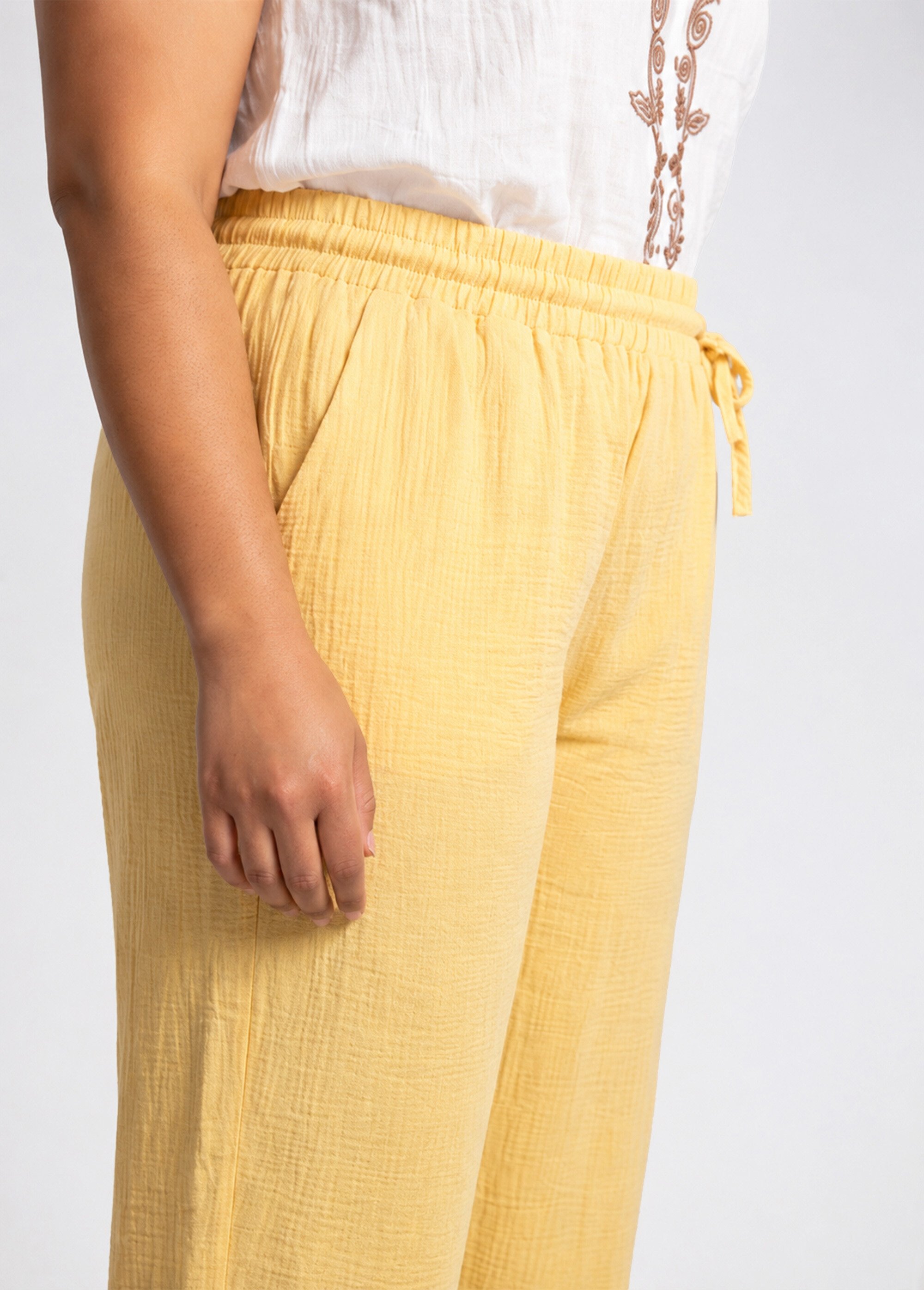 Pantalon large chiné élastiqué avec lin Femme Jaune JB-A7161 DE1