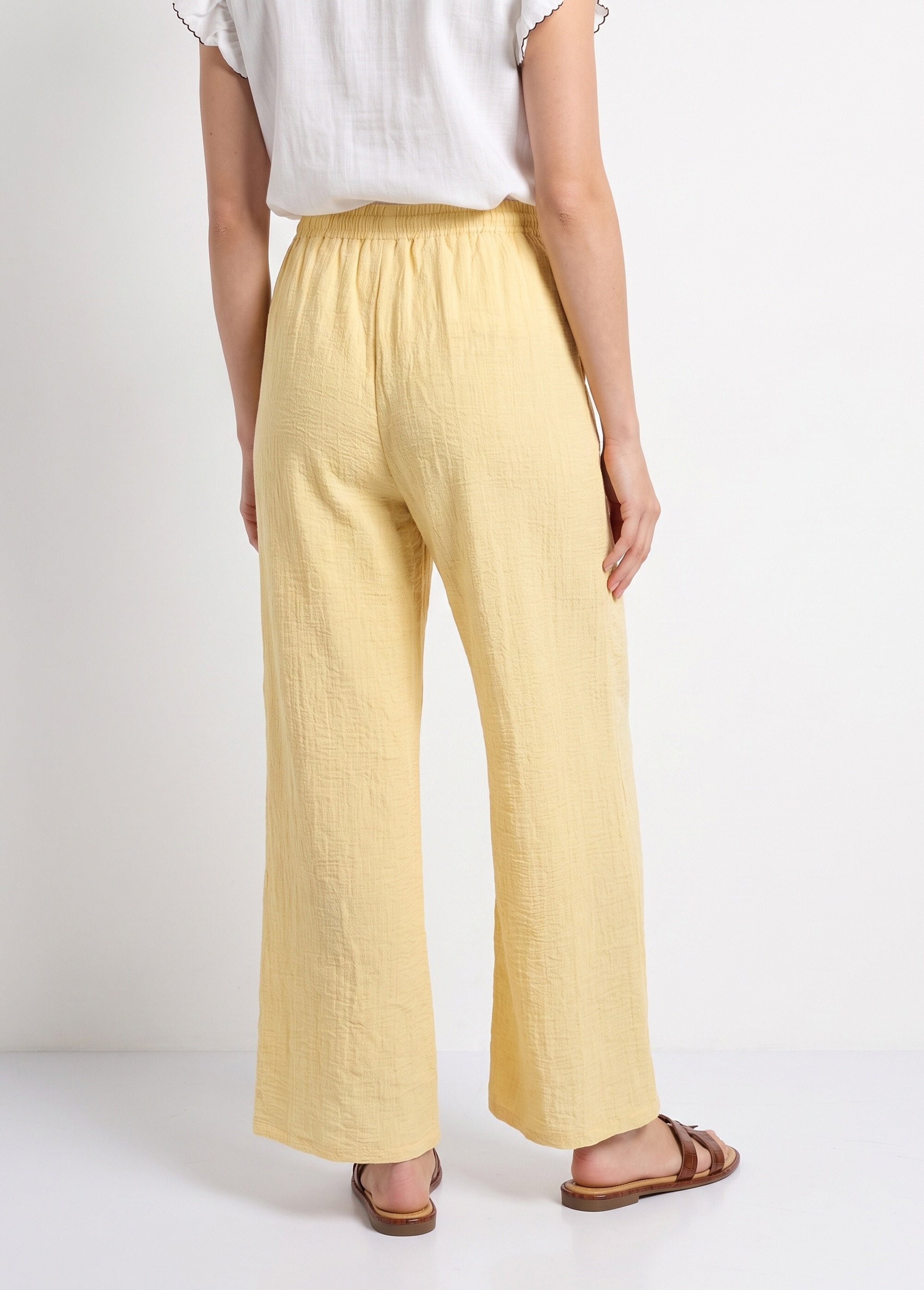 Pantalon large chiné élastiqué avec lin Femme Jaune JB-A7161 DO1