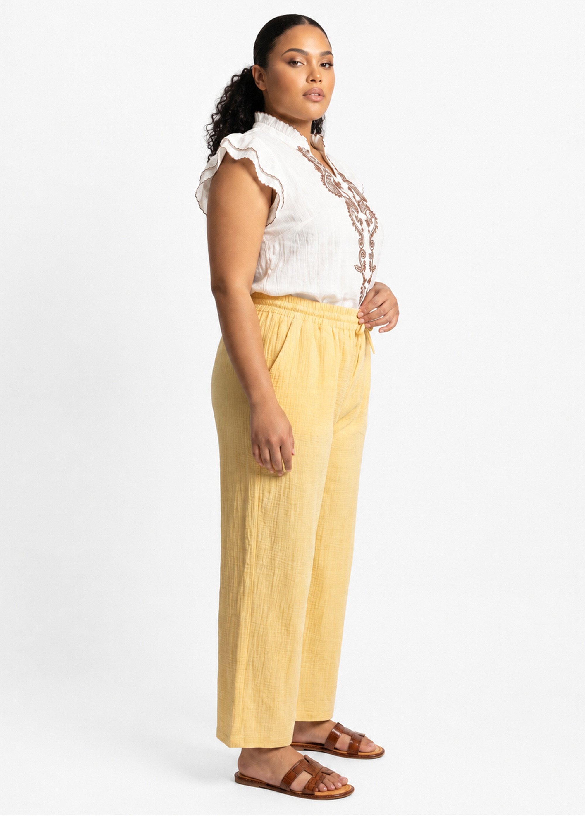 Pantalon large chiné élastiqué avec lin Femme Grande Taille Jaune JB-A7161 DR1