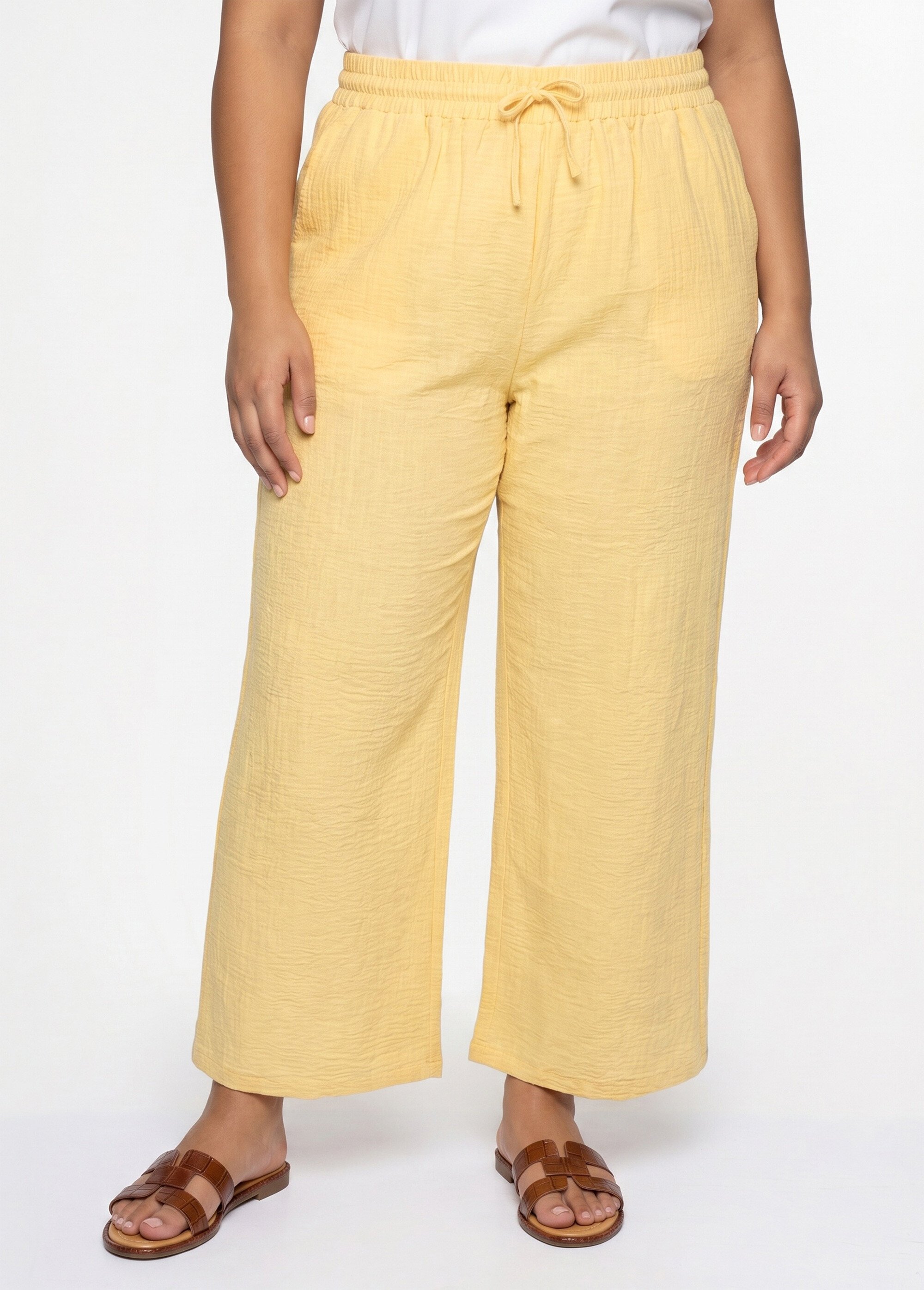 Pantalon large chiné élastiqué avec lin Femme Grande Taille Jaune JB-A7161 FA1
