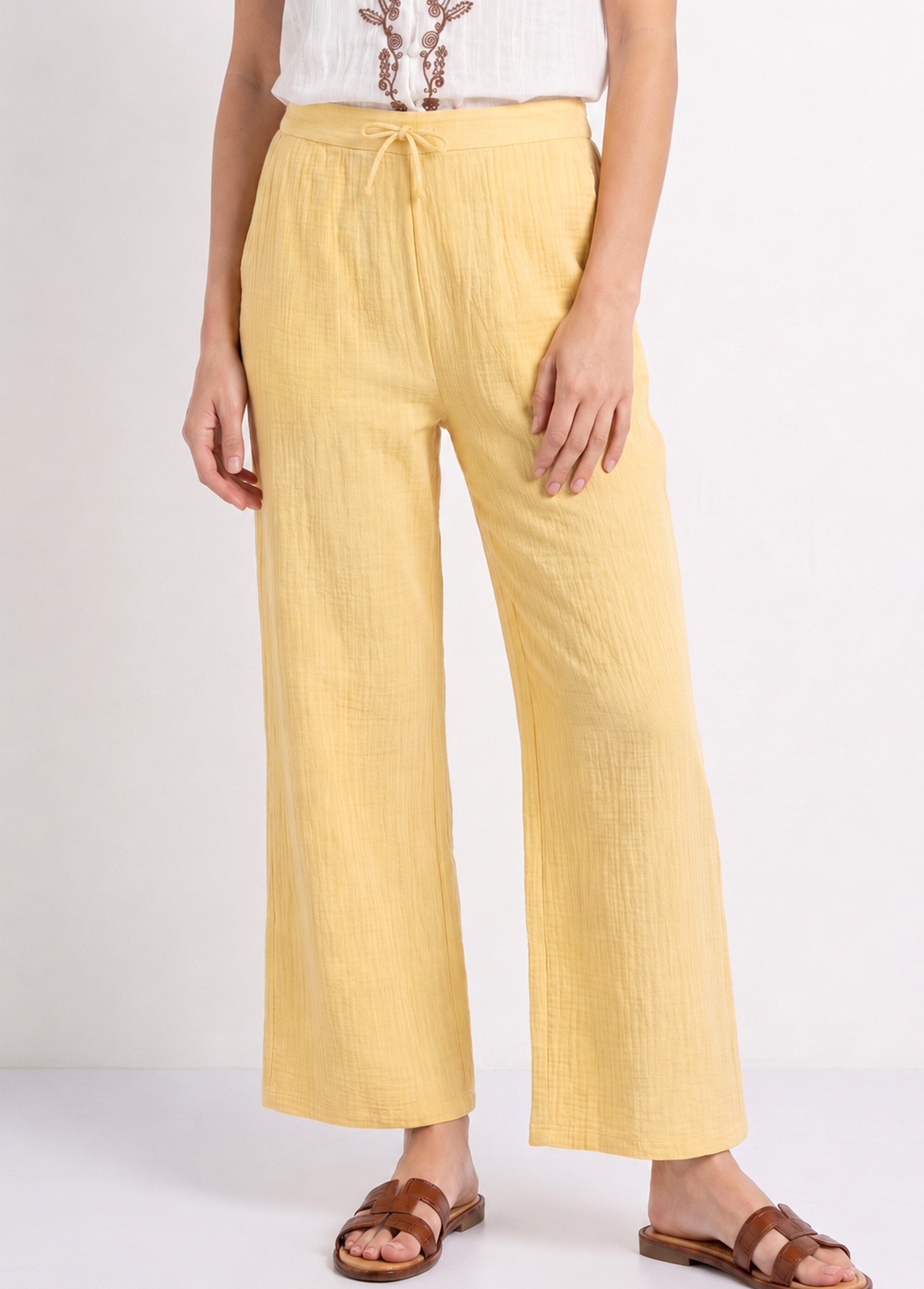 Pantalon large chiné élastiqué avec lin Femme Jaune JB-A7161 FA1