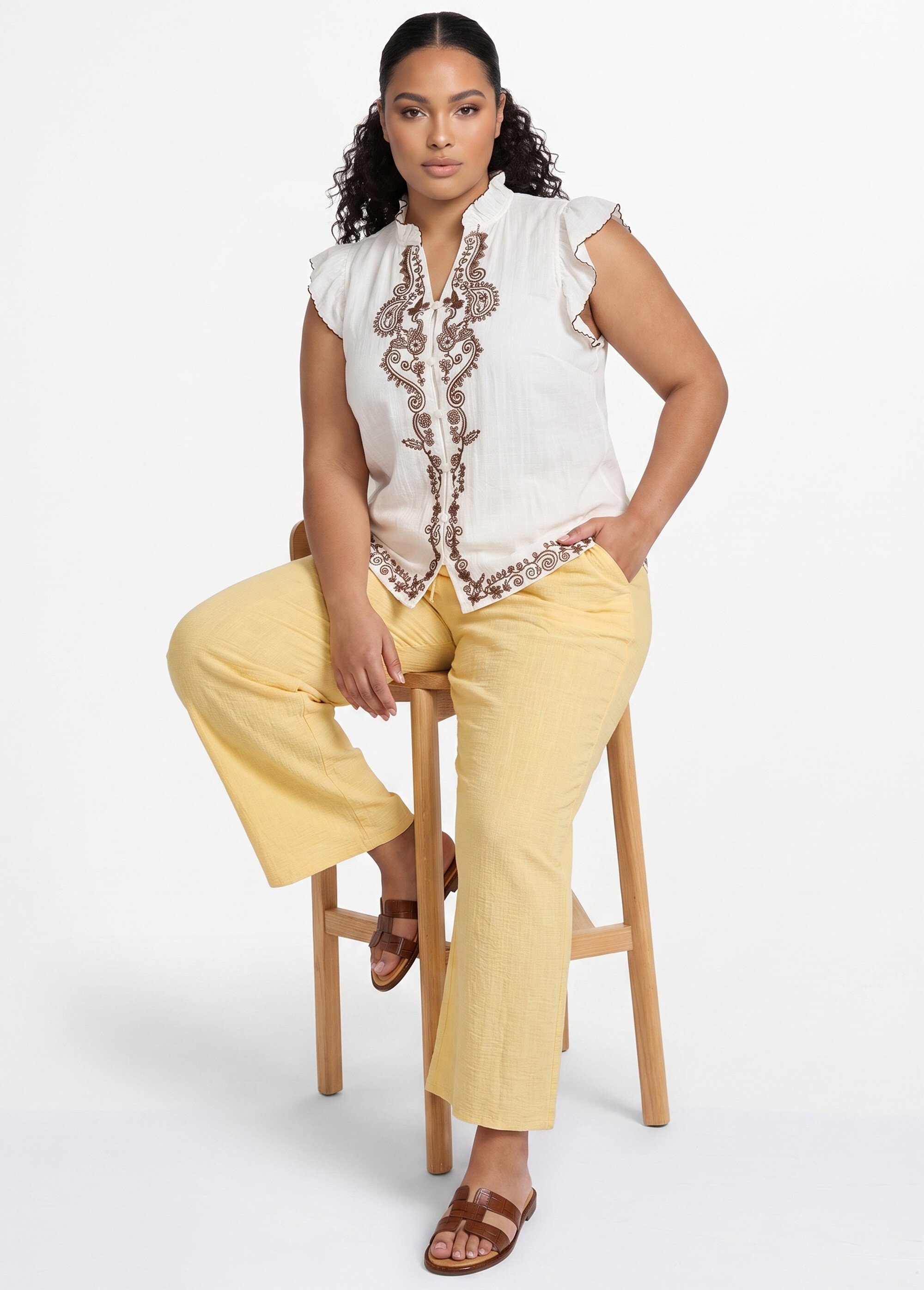 Pantalon large chiné élastiqué avec lin Femme Grande Taille Jaune JB-A7161 MV1