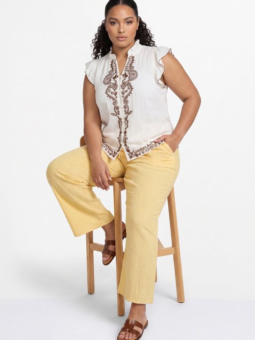Pantalon large chiné élastiqué avec lin Femme Grande Taille Jaune JB-A7161 MV1