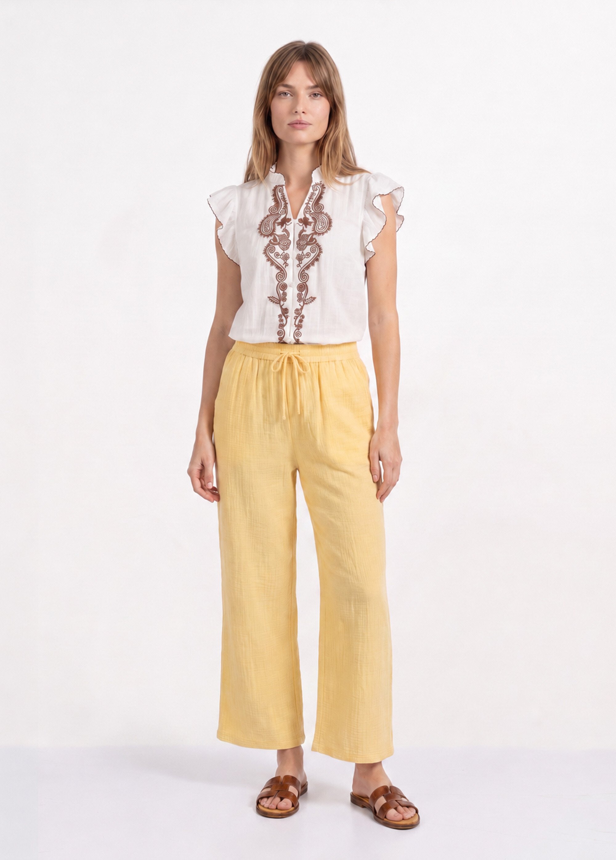 Pantalon large chiné élastiqué avec lin Femme Jaune JB-A7161 SF1