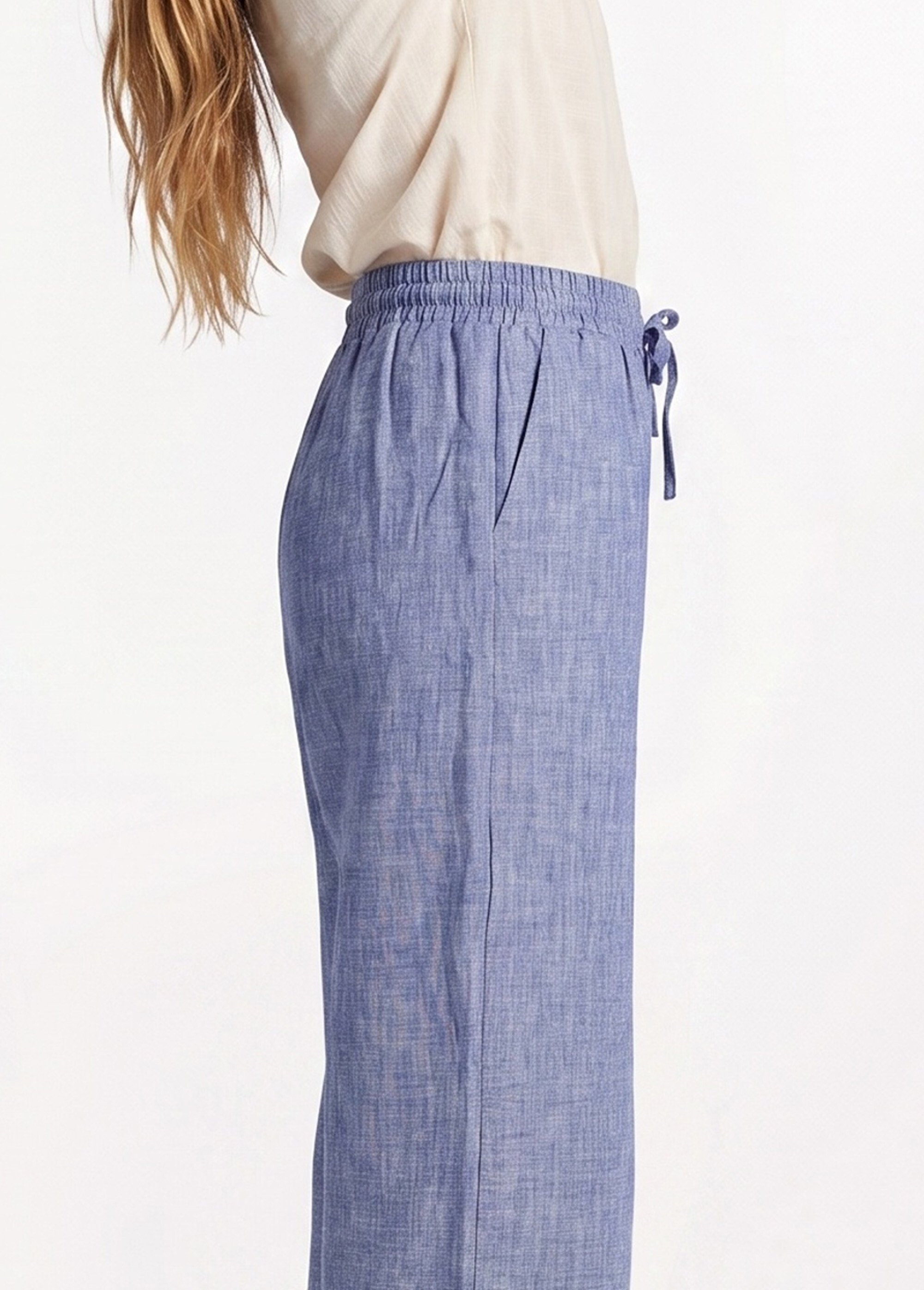 Pantalon large chiné élastiqué avec lin Femme Bleu JB-A7161 DE1