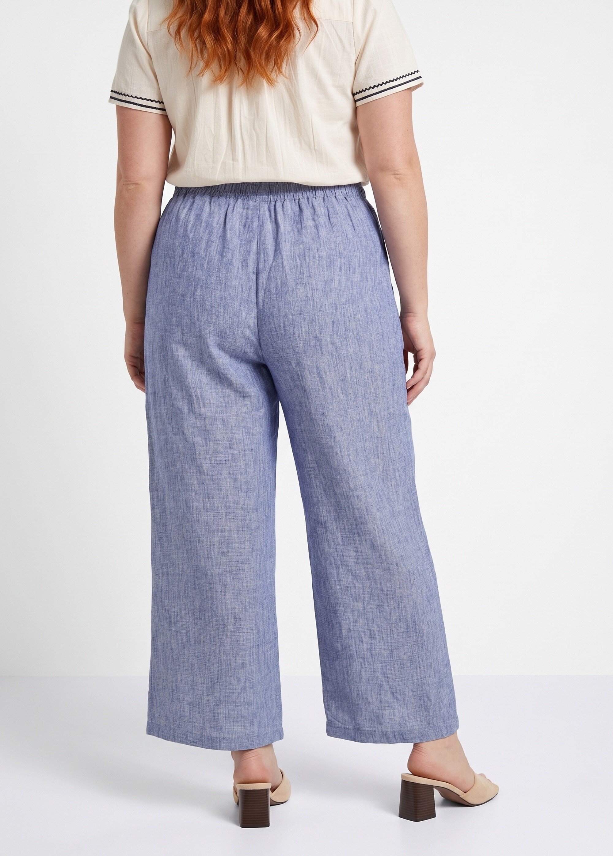 Pantalon large chiné élastiqué avec lin Femme Grande Taille Bleu JB-A7161 DO1