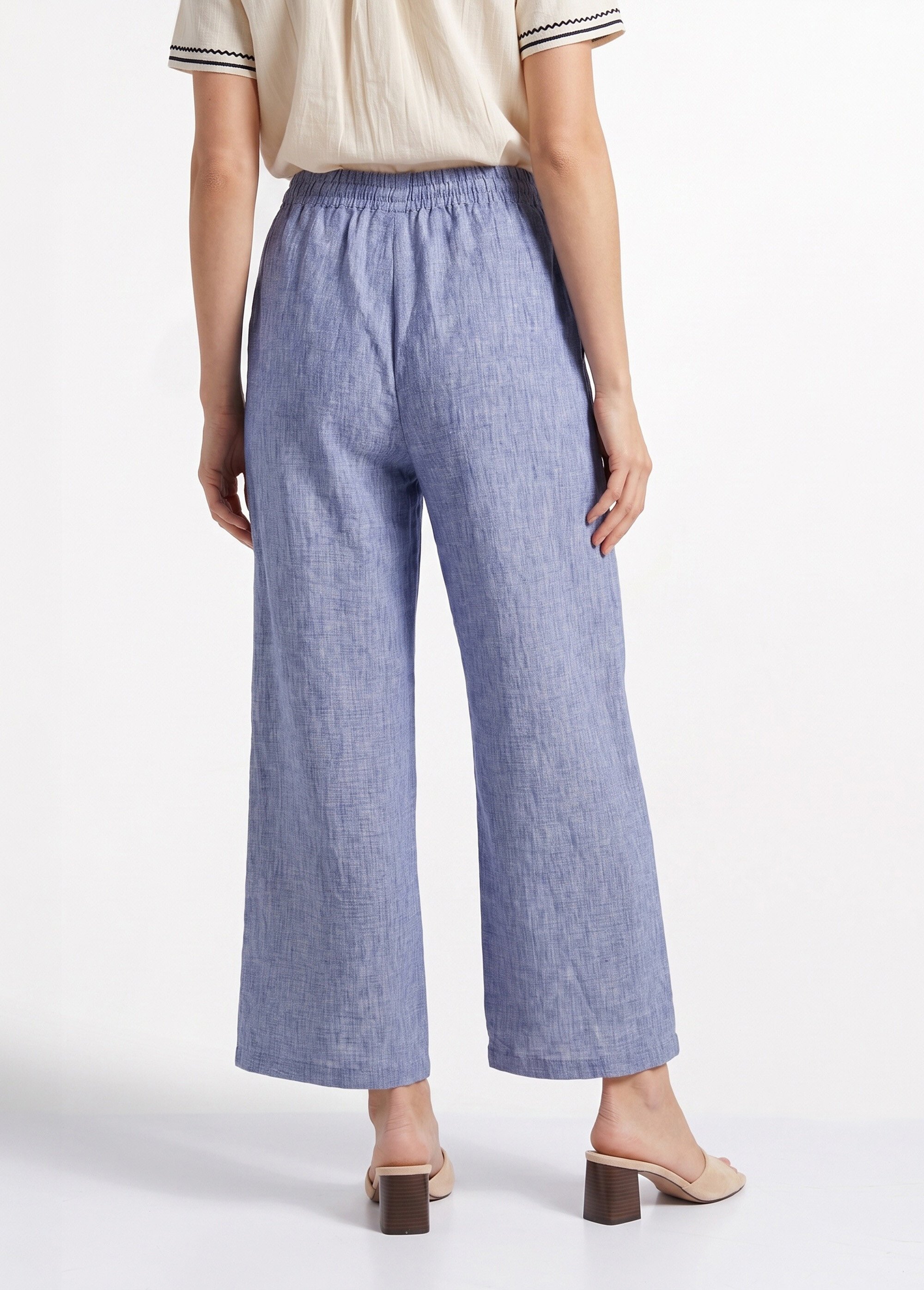 Pantalon large chiné élastiqué avec lin Femme Bleu JB-A7161 DO1