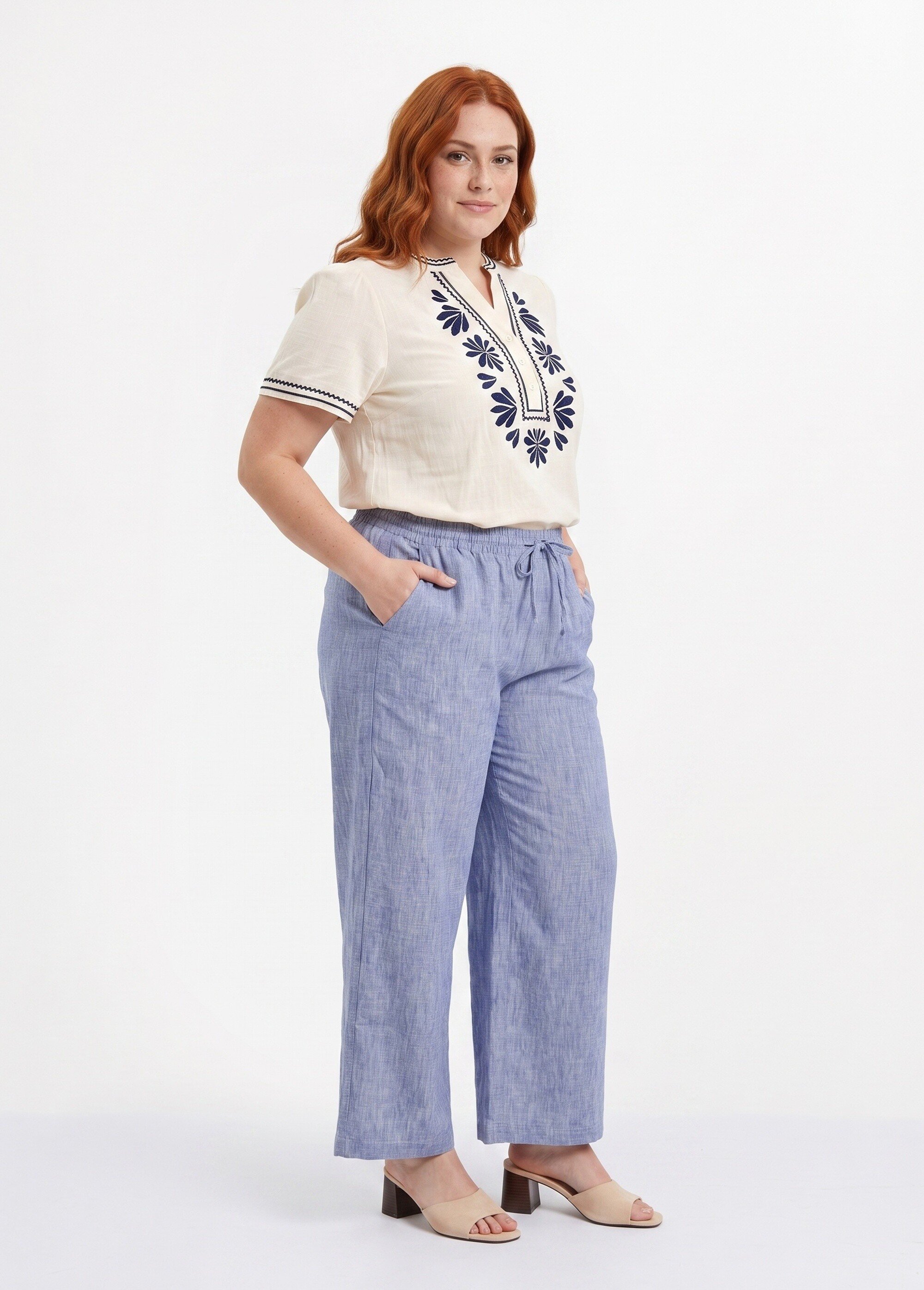 Pantalon large chiné élastiqué avec lin Femme Grande Taille Bleu JB-A7161 DR1