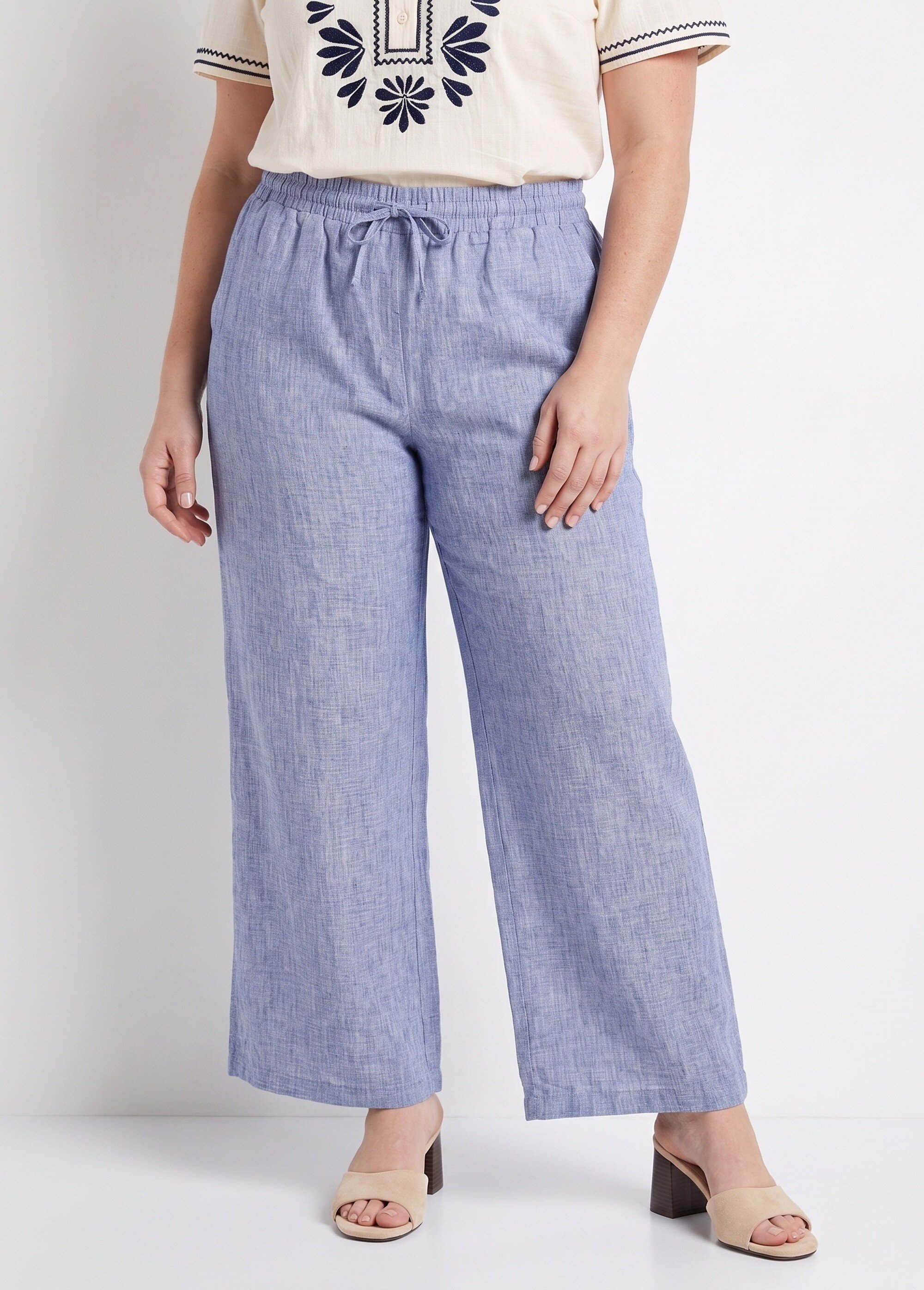 Pantalon large chiné élastiqué avec lin Femme Grande Taille Bleu JB-A7161 FA1