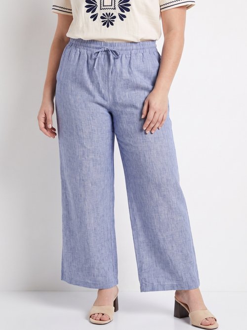Pantalon large chiné élastiqué avec lin Femme Grande Taille Bleu JB-A7161 FA1