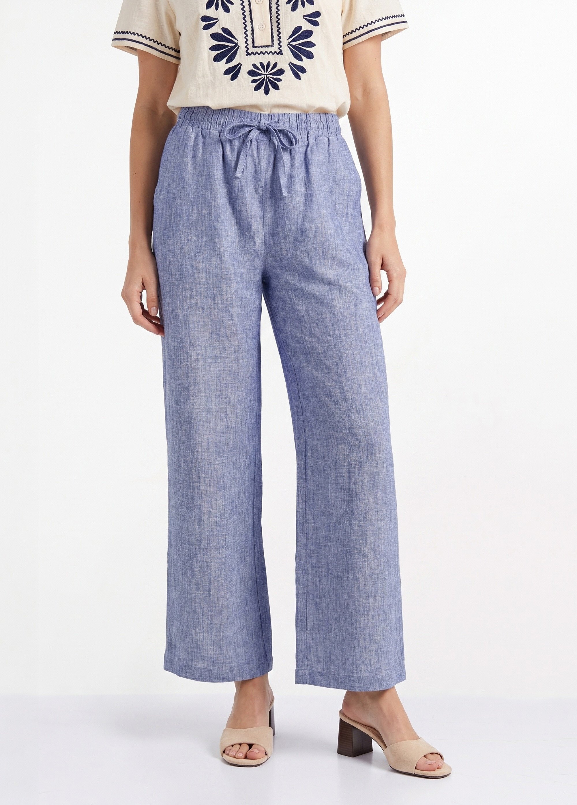 Pantalon large chiné élastiqué avec lin Femme Bleu JB-A7161 FA1