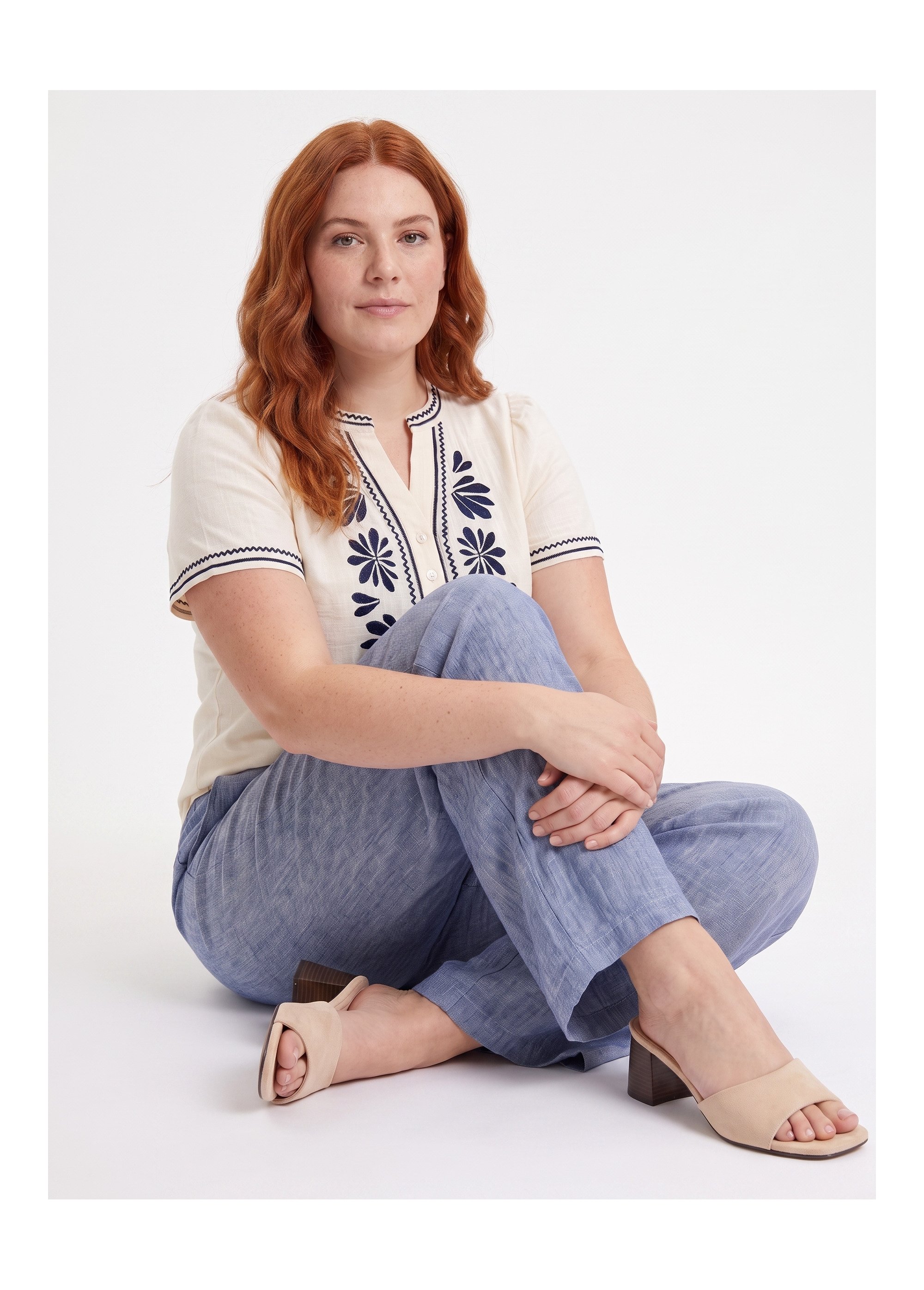 Pantalon large chiné élastiqué avec lin Femme Grande Taille Bleu JB-A7161 MV1