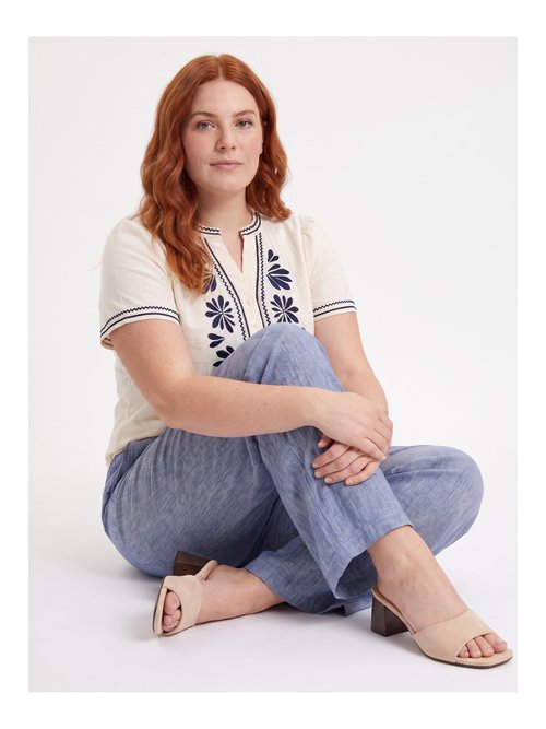 Pantalon large chiné élastiqué avec lin Femme Grande Taille Bleu JB-A7161 MV1