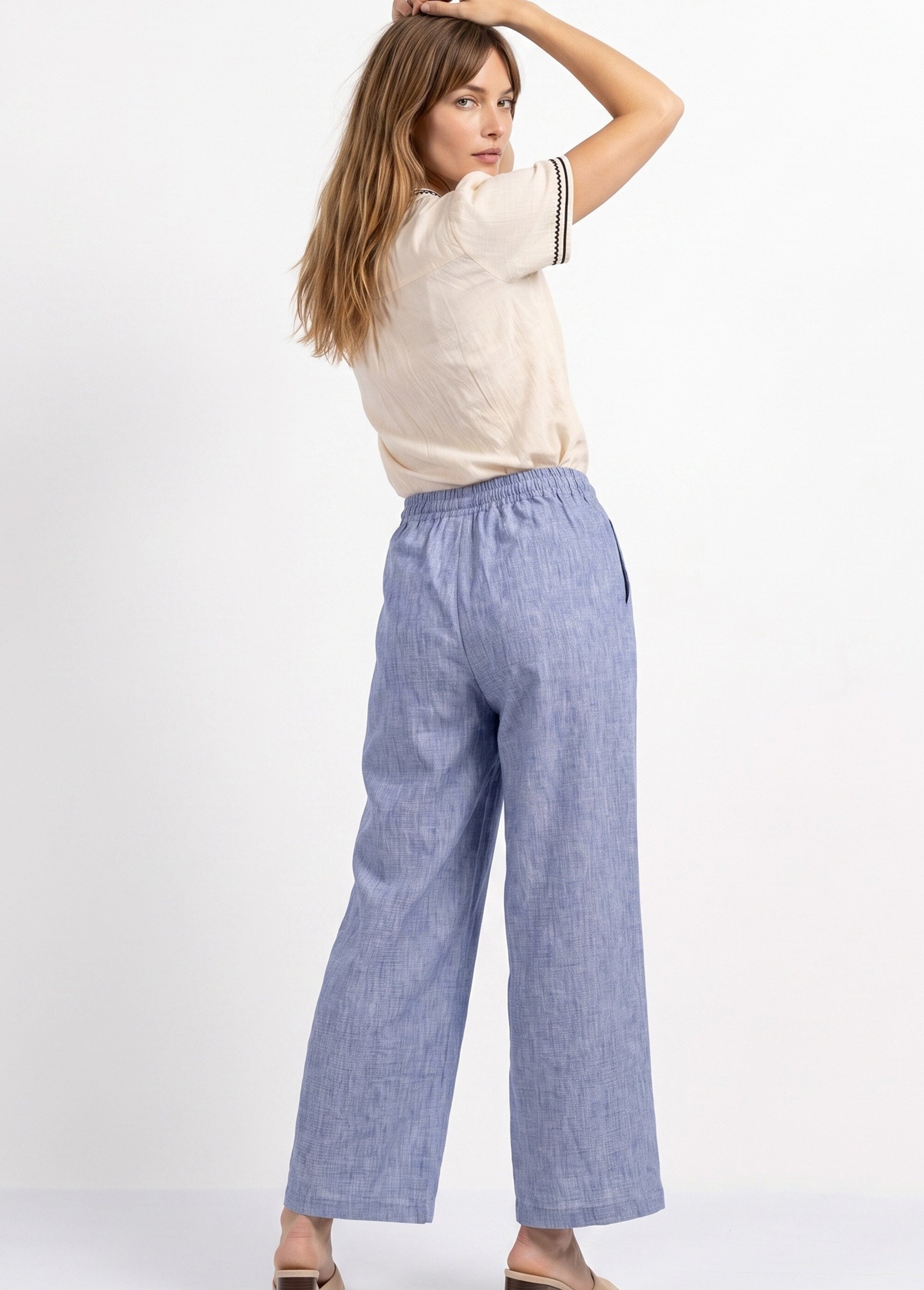 Pantalon large chiné élastiqué avec lin Femme Bleu JB-A7161 MV1