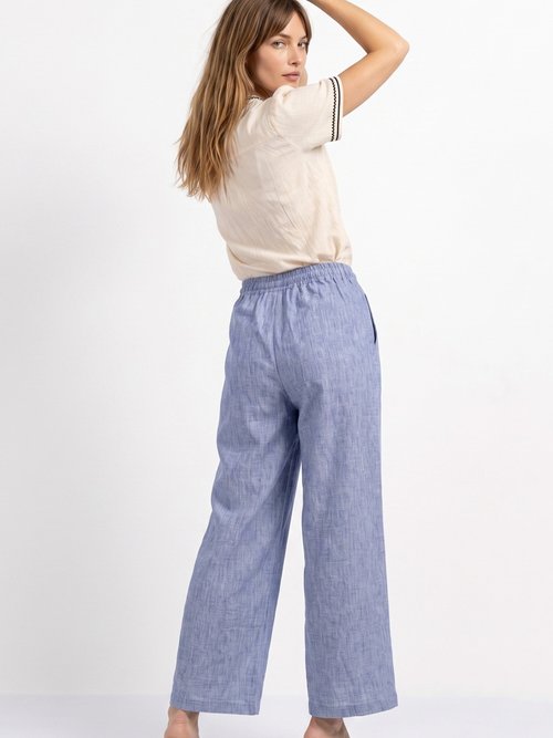 Pantalon large chiné élastiqué avec lin Femme Bleu JB-A7161 MV1