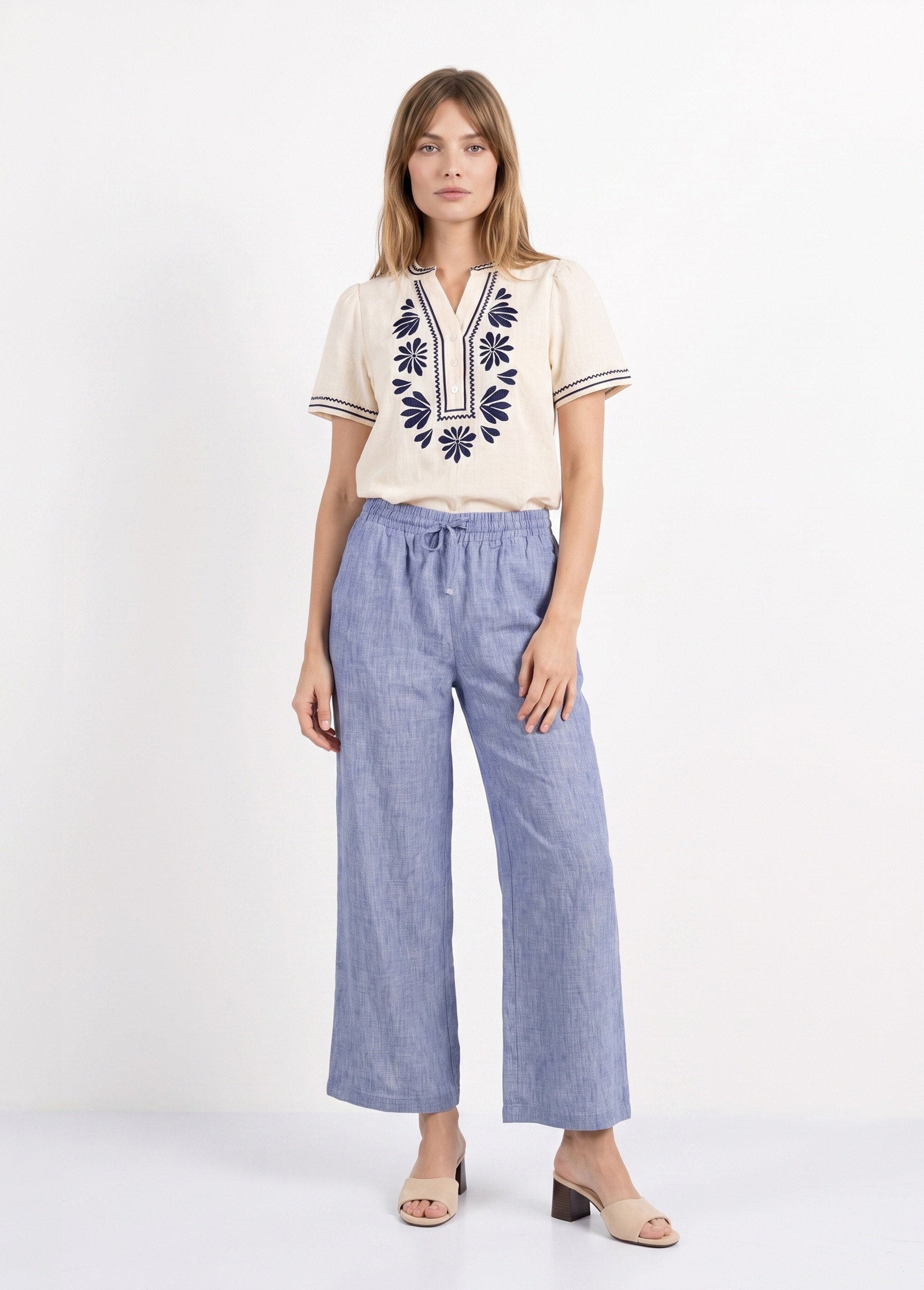 Pantalon large chiné élastiqué avec lin Femme Bleu JB-A7161 SF1