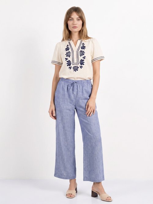Pantalon large chiné élastiqué avec lin Femme Bleu JB-A7161 SF1
