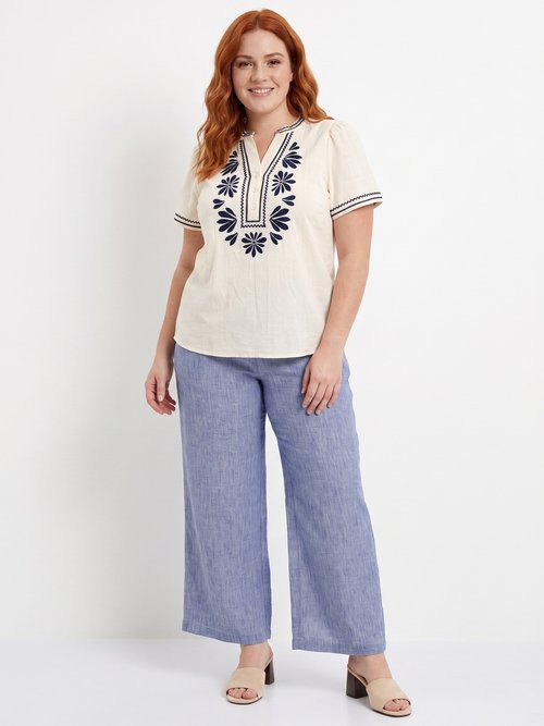 Pantalon large chiné élastiqué avec lin Femme Grande Taille Bleu JB-A7161 SI1